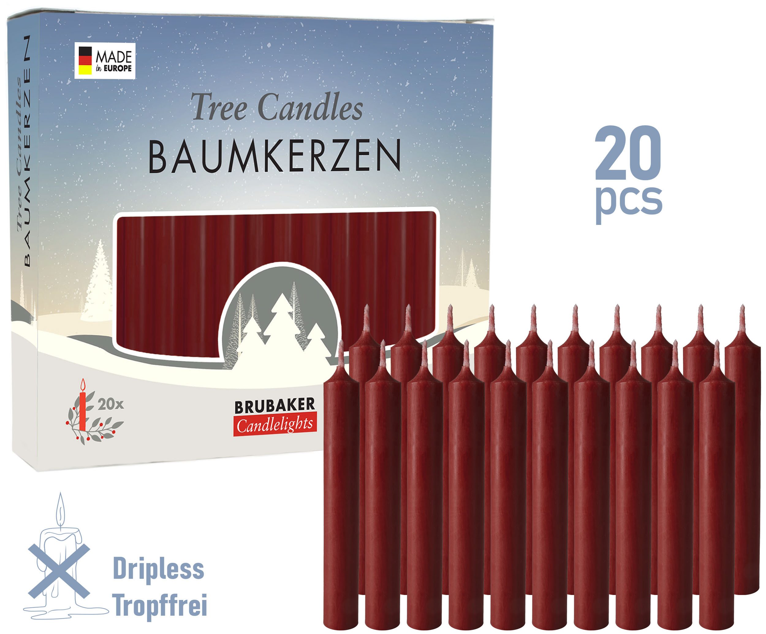 BRUBAKER Tafelkerze Baumkerzen aus Wachs (1 Packung Christbaumkerzen, 20-tlg., Wachskerzen für Weihnachtsdekoration, bunte Weihnachtskerzen), rauchfreie und geruchsneutrale Pyramidenkerzen