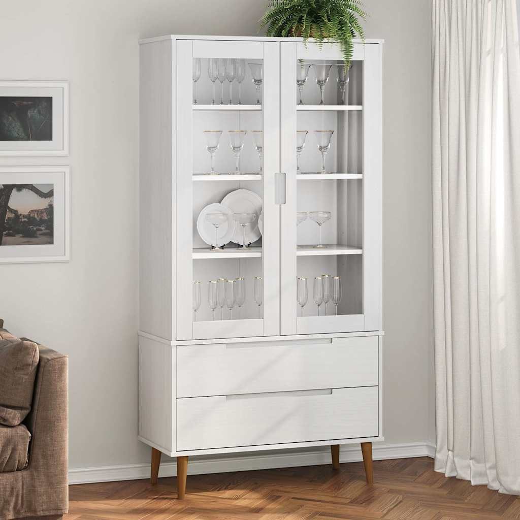 furnicato Vitrine Vitrinenschrank MOLDE 90x35x175 cm Weiß aus massivholz mit (1-St) Schaufenk mit 2 Schubladen, 4 Fächern und Hartglas für das Wohnzimmer