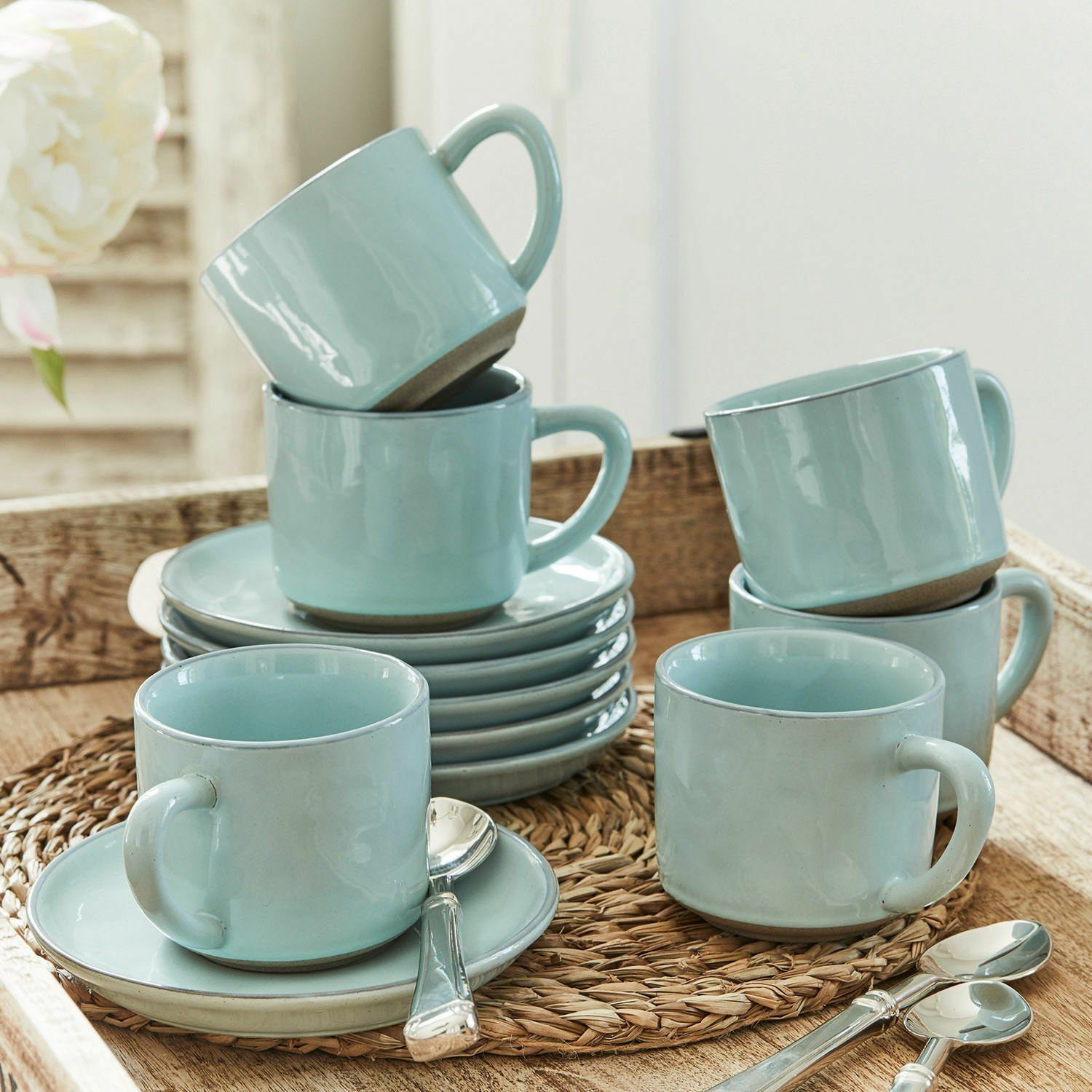 Mirabeau Geschirr-Set Tasse mit Untertasse türkis, Biarré Steinzeug Set 6er