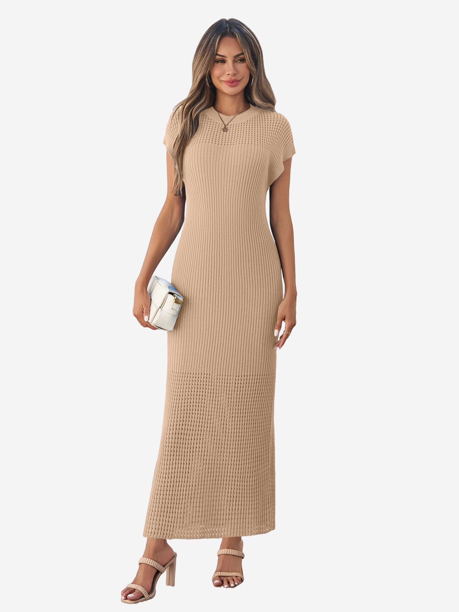Imily Bela Strickkleid Damen mit Kurzarm und Rundhals Casual (Packung, 1-tlg., 1per-Pack) in Unifarbe mit Lochmustern und Rippstrick