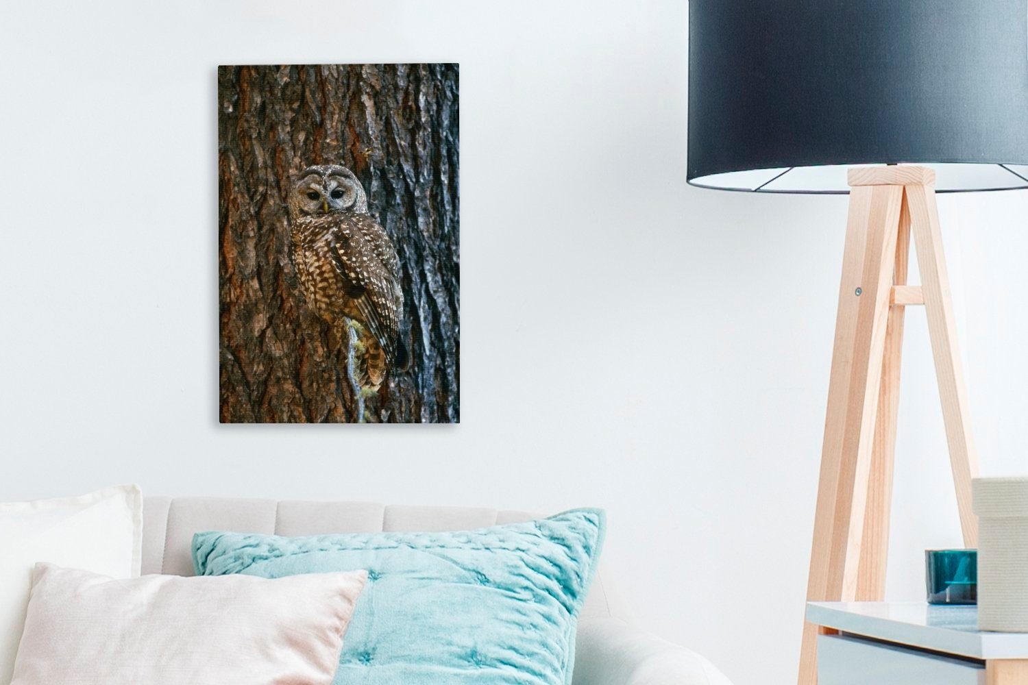 Baum, St), inkl. cm fertig Leinwandbild Eule (1 OneMillionCanvasses® Leinwandbild Camouflage Gemälde, Zackenaufhänger, - - 20x30 bespannt