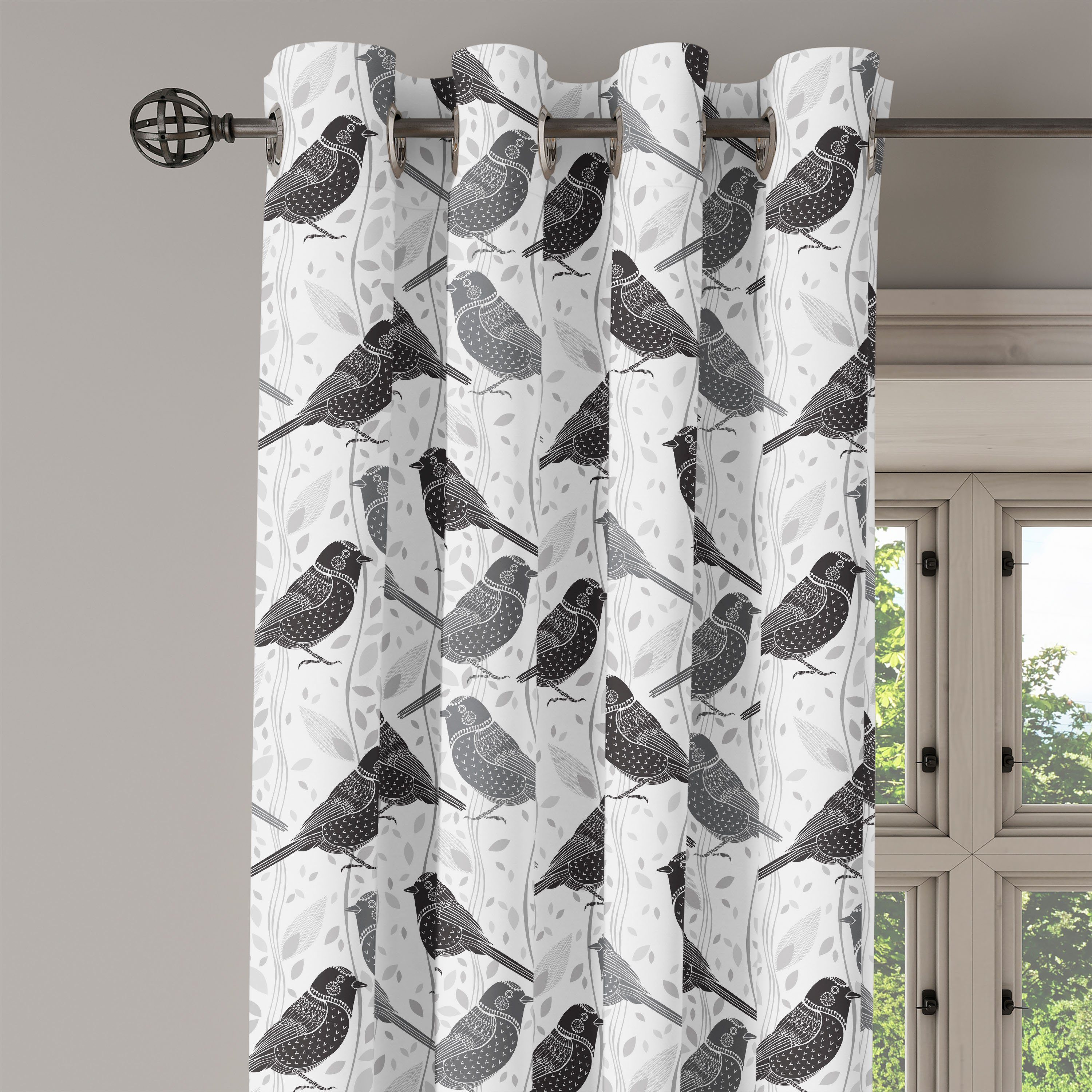 Gardine Dekorative 2-Panel-Fenstervorhänge für Schlafzimmer Vögel Wohnzimmer, Abakuhaus, Grau und Blumenmuster