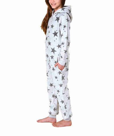 Normann Pyjama Damen Jumpsuit Overall mit Kapuze im Sternen Look aus Coralfleece