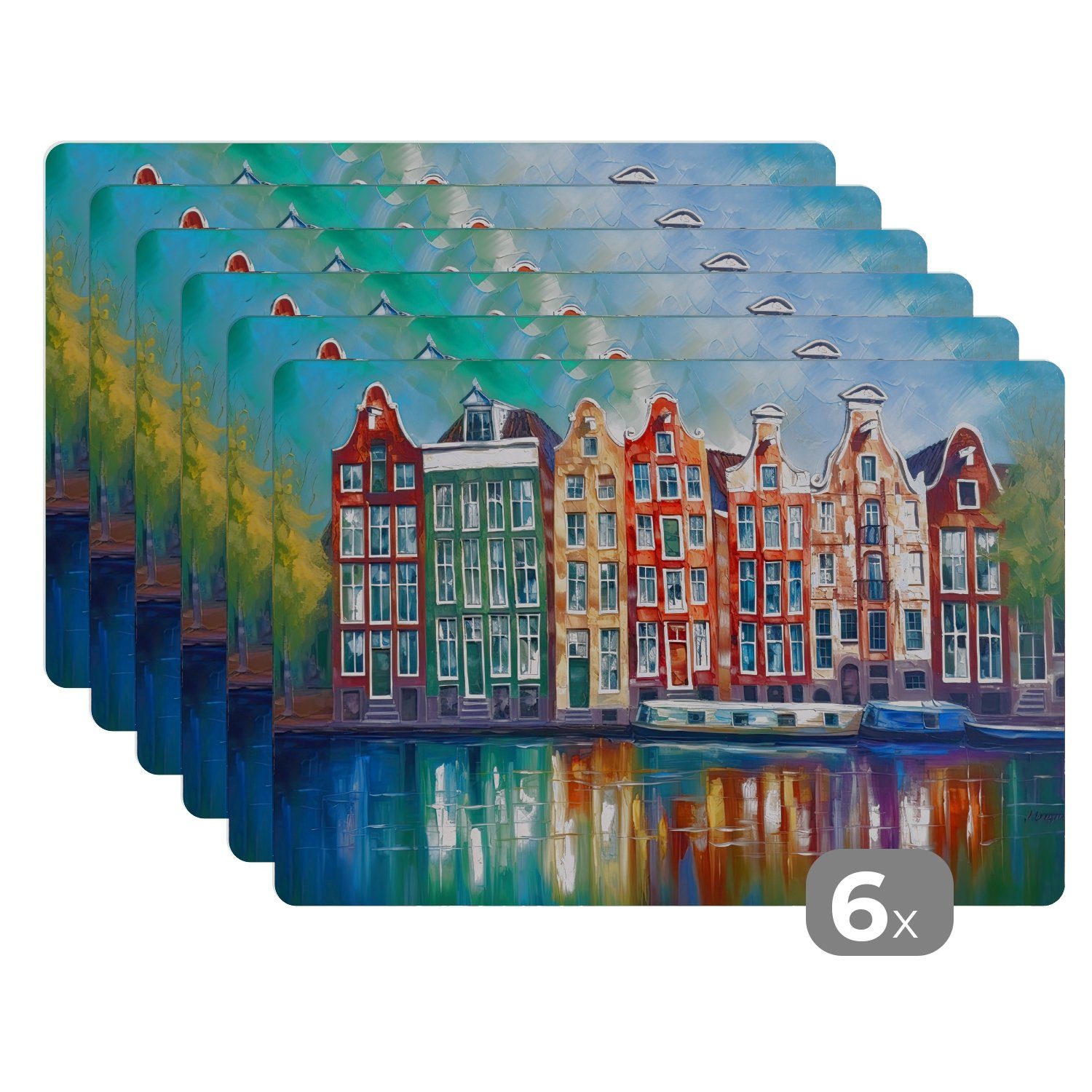Platzset, Amsterdam - Ölgemälde - Gracht - Gemälde - Kunst, MuchoWow, (6-St), Platzset, Platzdecken, Platzmatte, Tischmatten, Schmutzabweisend