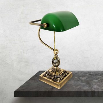 Licht-Erlebnisse Schreibtischlampe WERNER, ohne Leuchtmittel, Tischleuchte in Bronze hell glänzend Grün E27 36 cm Glas Echt-Messing