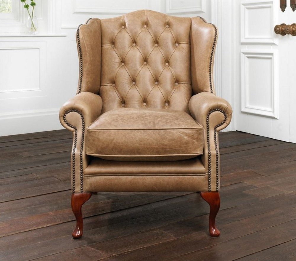 JVmoebel Ohrensessel Chesterfield Sessel aus 100 % Vollleder in Braun, Made in Europa