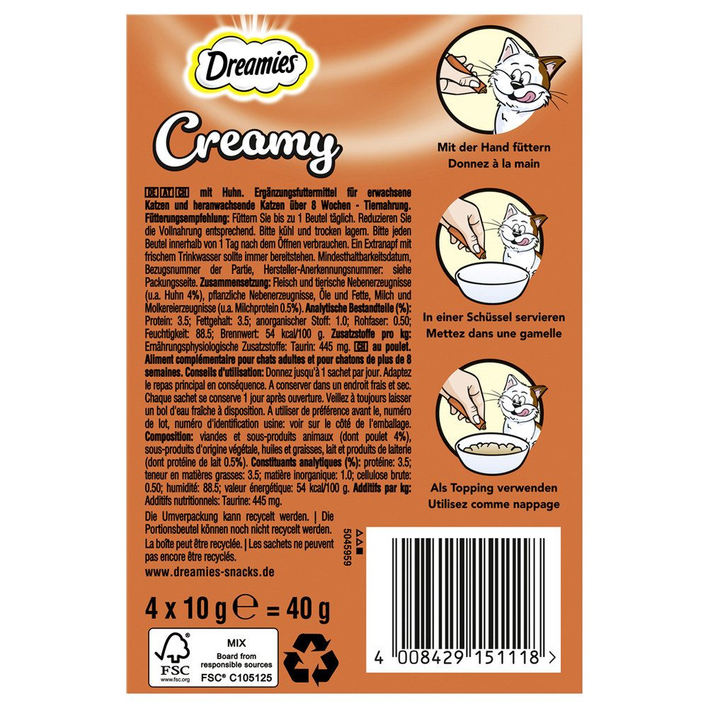 Dreamies Multipack Creamy mit Huhn 4 x 10 g - 11 Stück, für: Katze