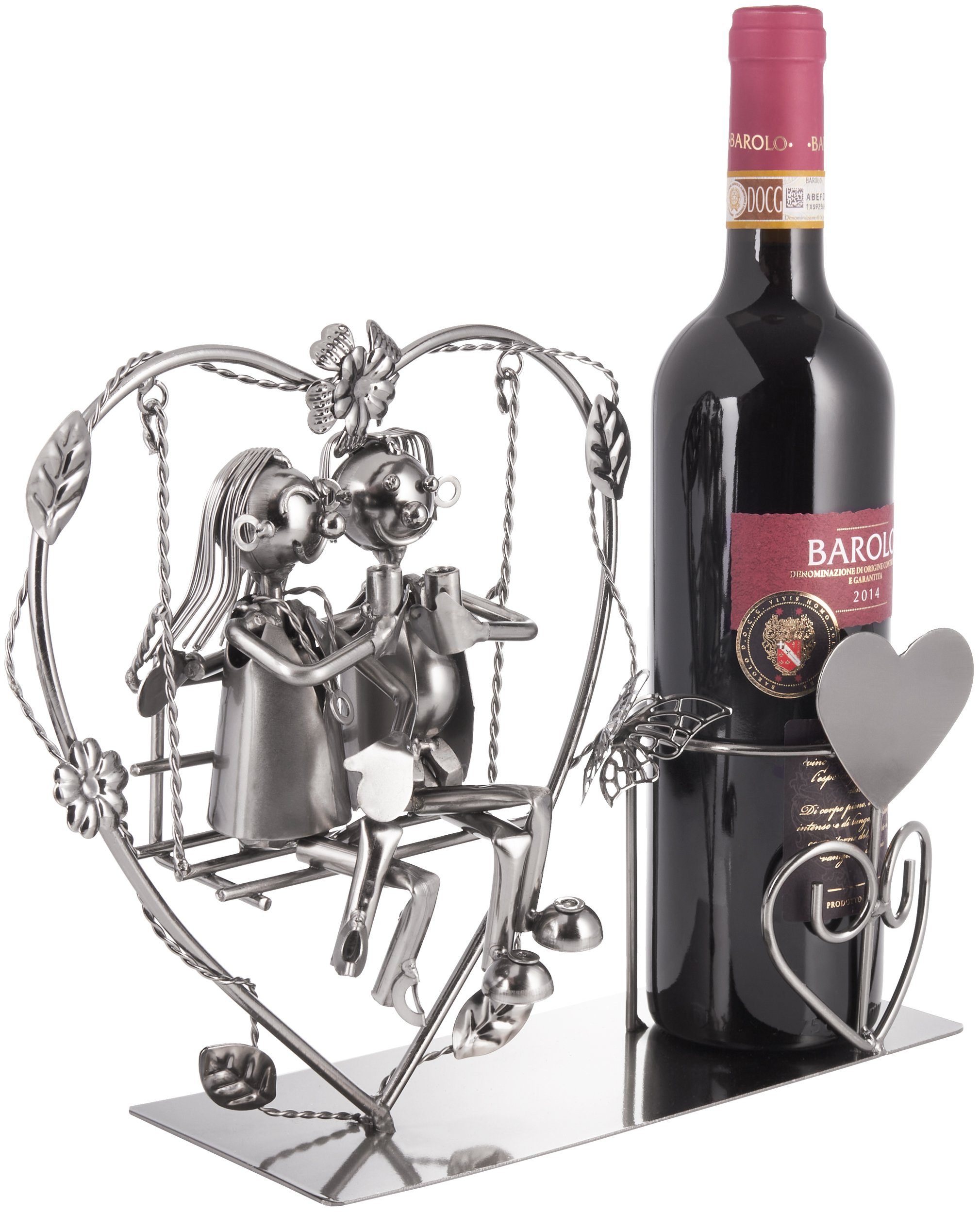 BRUBAKER Weinflaschenhalter Herz mit Liebespaar auf Schaukel Flaschenhalter, (inklusive Grußkarte), Weinhalter Metall Skulptur, romantisches Geschenk
