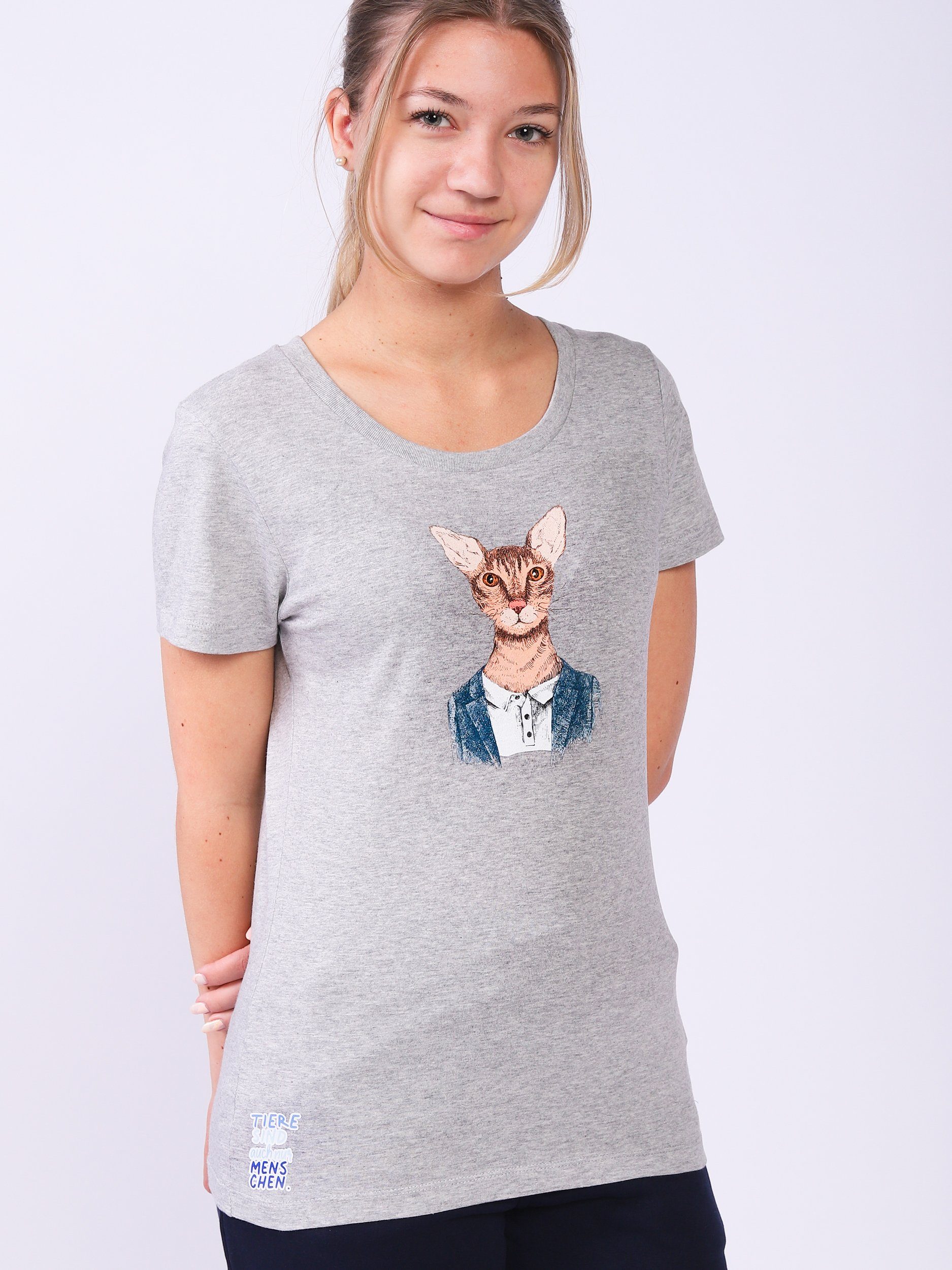 wat? Apparel Print-Shirt Katze (1-tlg) grau meliert