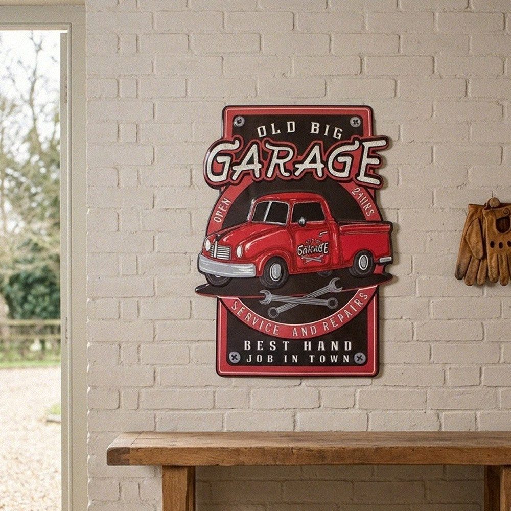 Antikas Wanddekoobjekt Hochwertiges Wandschild Garage aus Eisen, gestanzt, Rot, gestanzt
