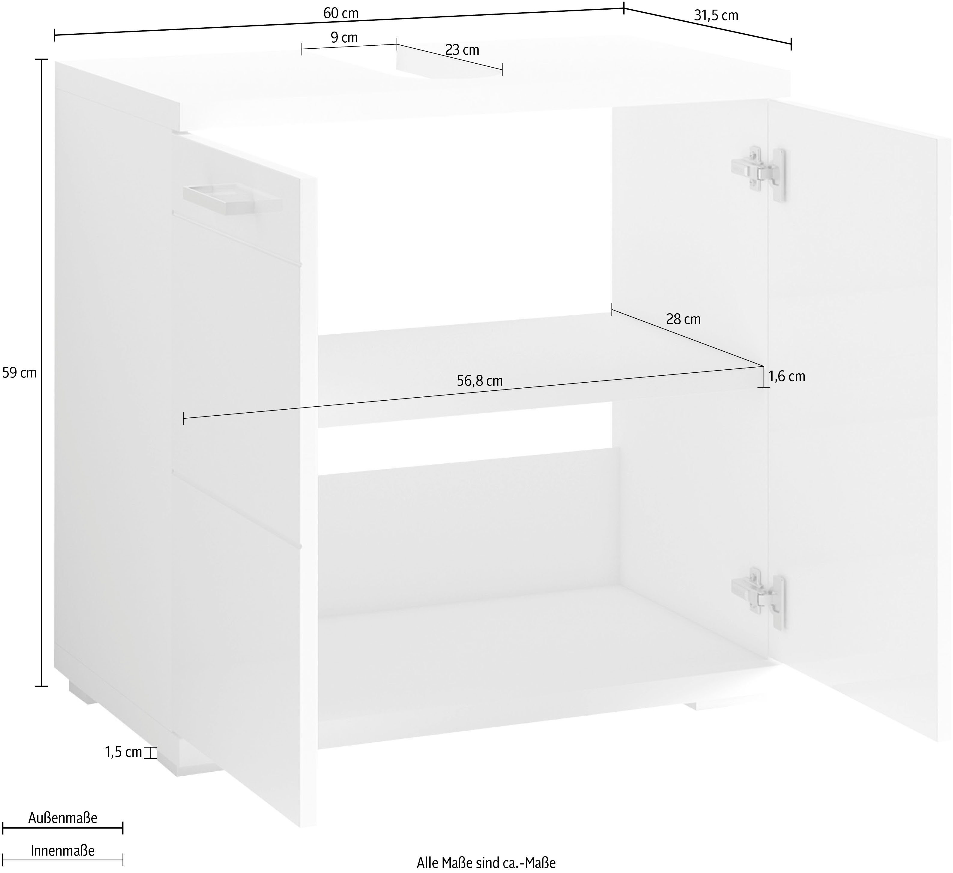 Homexperts und Metallgriffen Hochglanz Hochglanzlackierung Nusa Waschbeckenunterschrank mit Weiß Breite verchromten | 60 cm, weiß/weiß