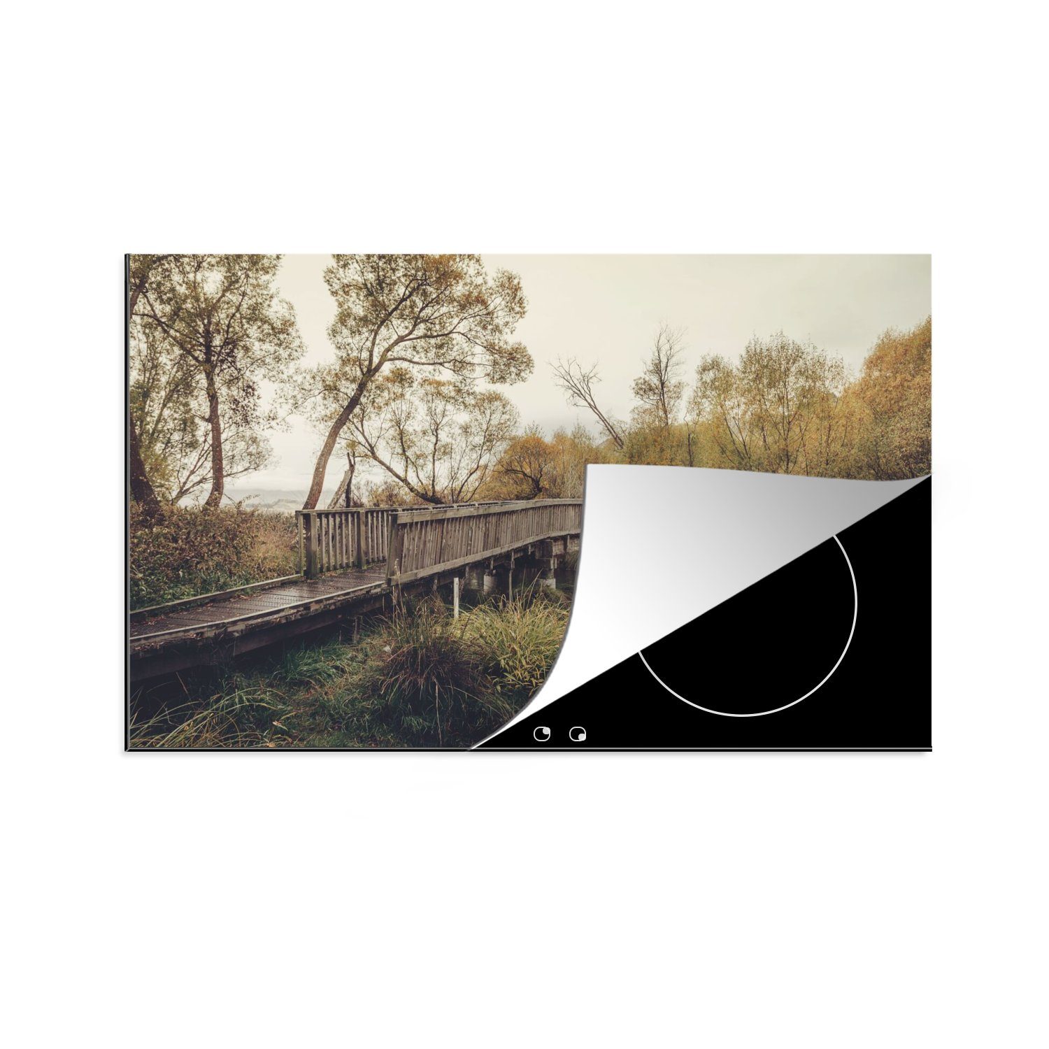 MuchoWow Herdblende-/Abdeckplatte Herbst - Brücke - Bäume, Vinyl, (1 tlg), 80x52 cm, Induktionskochfeld Schutz für die küche, Ceranfeldabdeckung