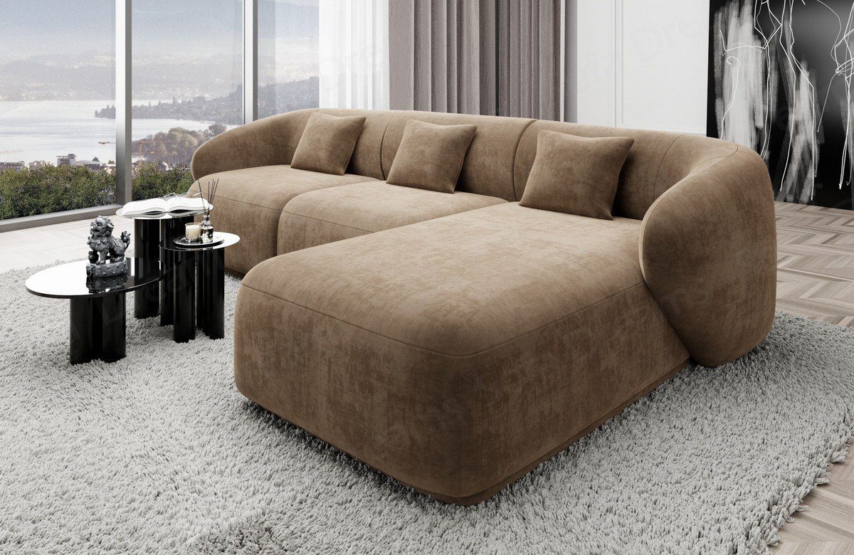 Sofa Dreams Ecksofa Design Couch Polster Samtstoff Sofa Marbella L Form kurz Stoffsofa, Loungesofa mit Ottomane