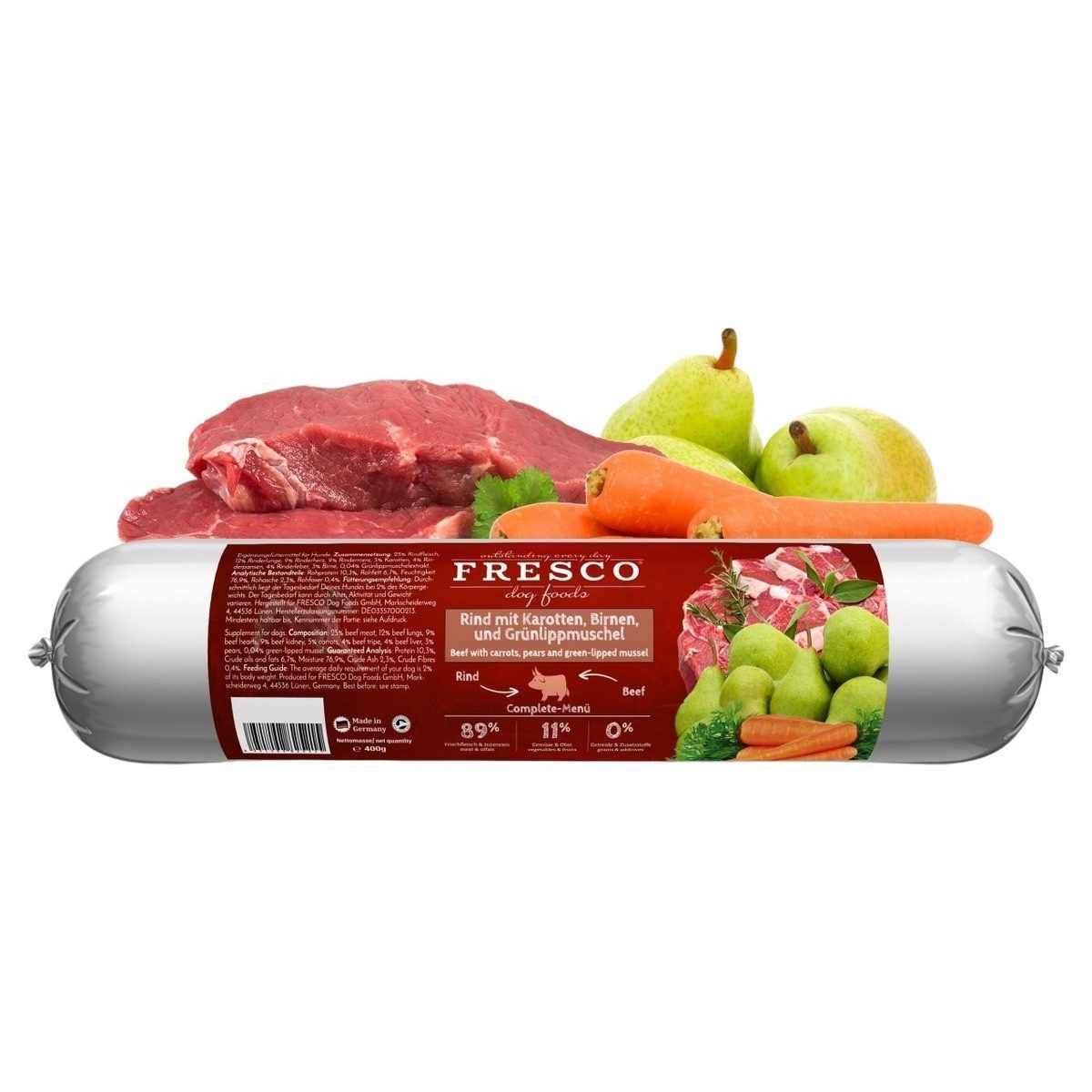 Fresco BarfWurst Rind mit Karotten, Birnen und Grünlippmuschel 400 g, für: Hund