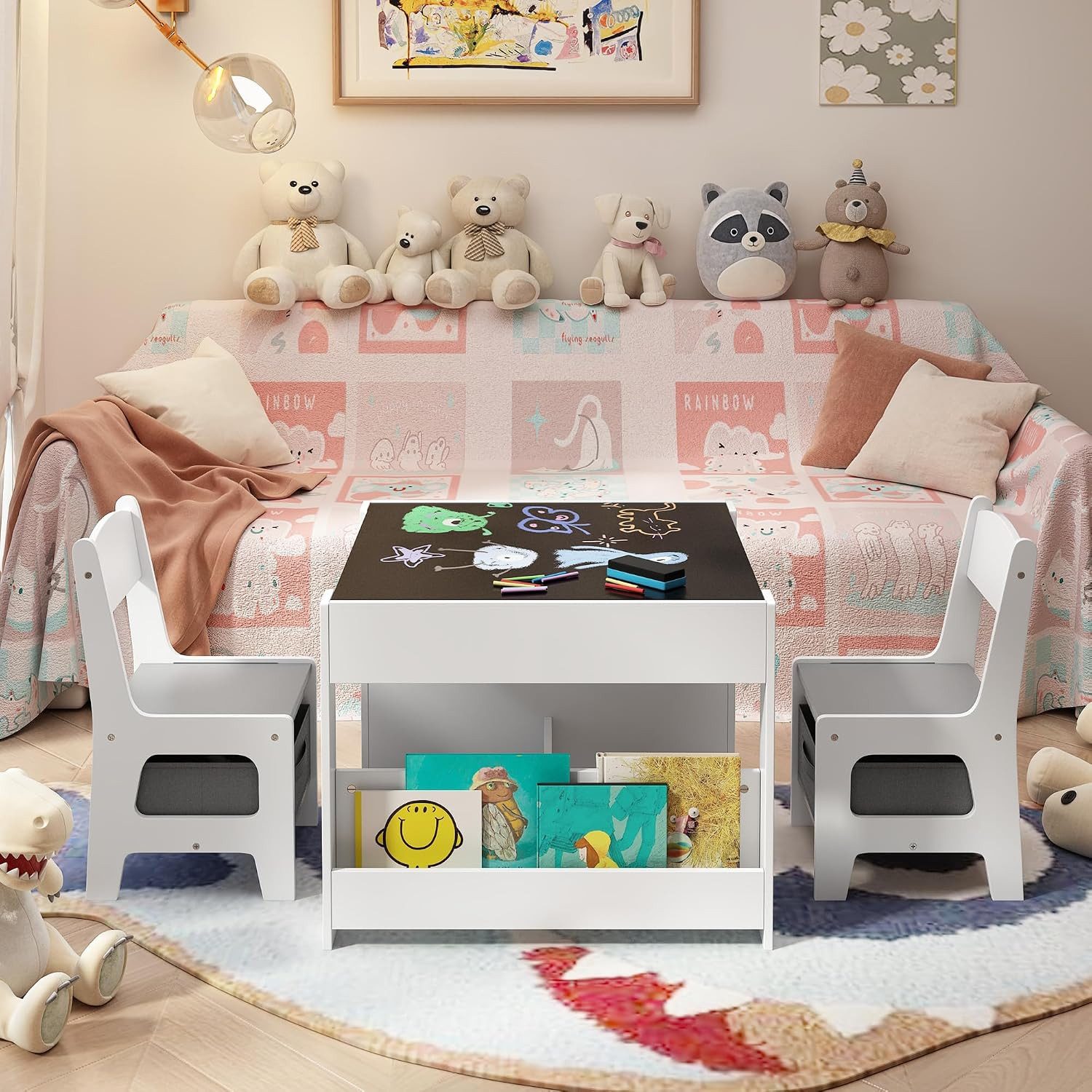Blishom Kindersitzgruppe Kindertisch-Set 4-in-1 mit Stauraum Holzwerkstoff 61,5x61,5x48 cm, (3-tlg., Kindertisch mit 2 Stühlen), umklappbare tischplatte, Tische – Bild 5 von 5