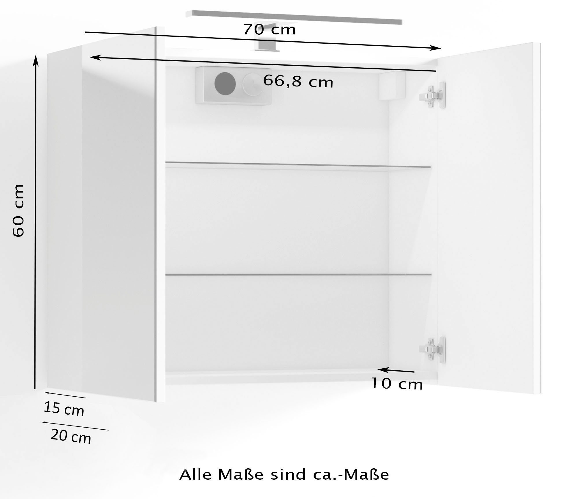 byLIVING Spiegelschrank Breite 2-türig, Spree mit Schalter-/Steckdosenbox LED cm, und 70 Beleuchtung