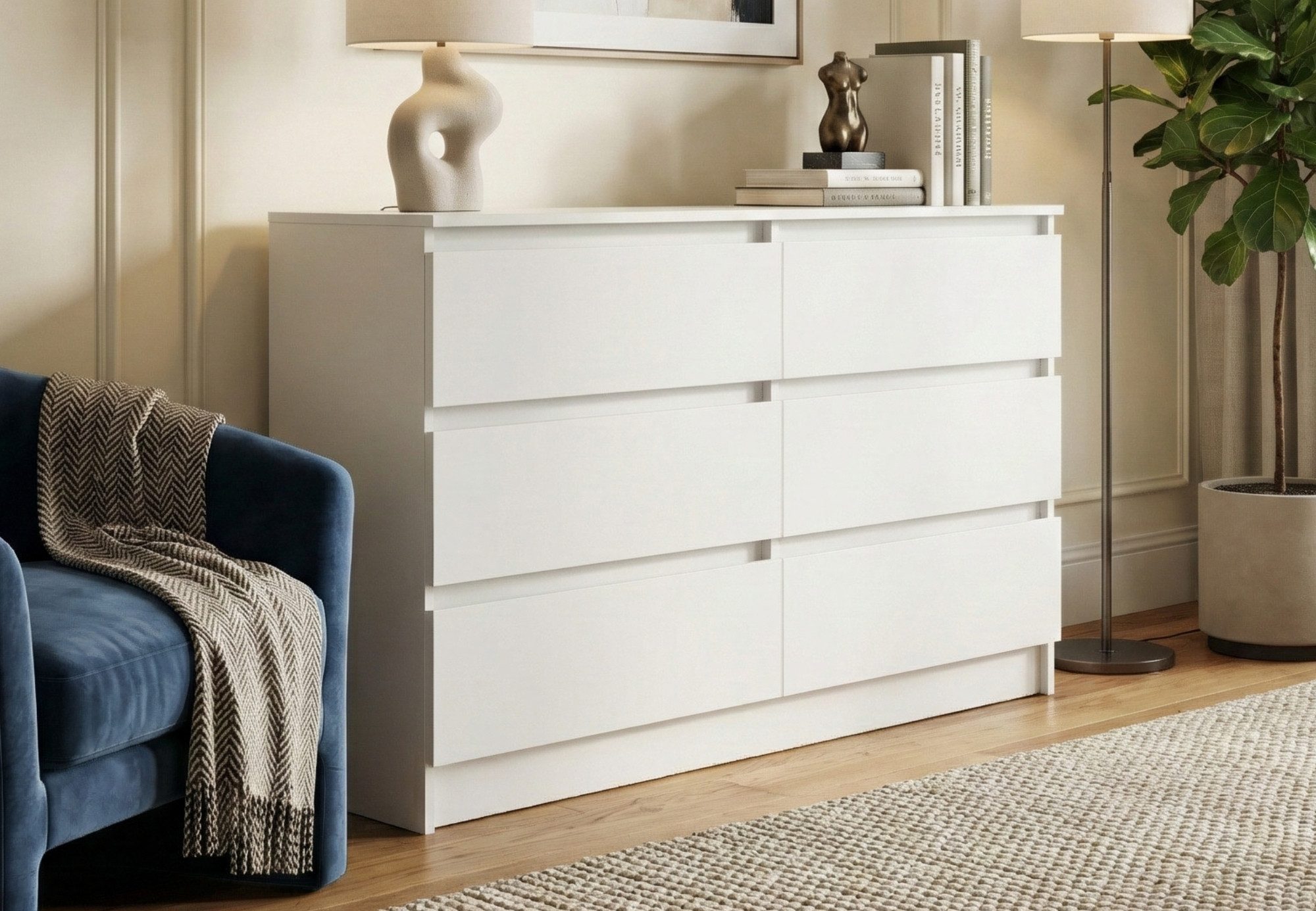 Home Collective Kommode mit 6 Schubladen 95, 120, 140 cm breit Holz Schrank (Highboard Anrichte Schlafzimmer Wohnzimmer Flur Büro Organizer), Kommode 120 cm breit Kommode Sideboard, Weiß