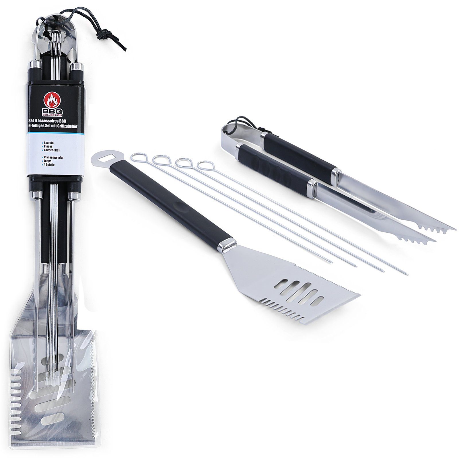 Grillbesteck-Set Premium BBQ Grillzange 4 Spiesse Multiwender Edelstahl 6-teilig