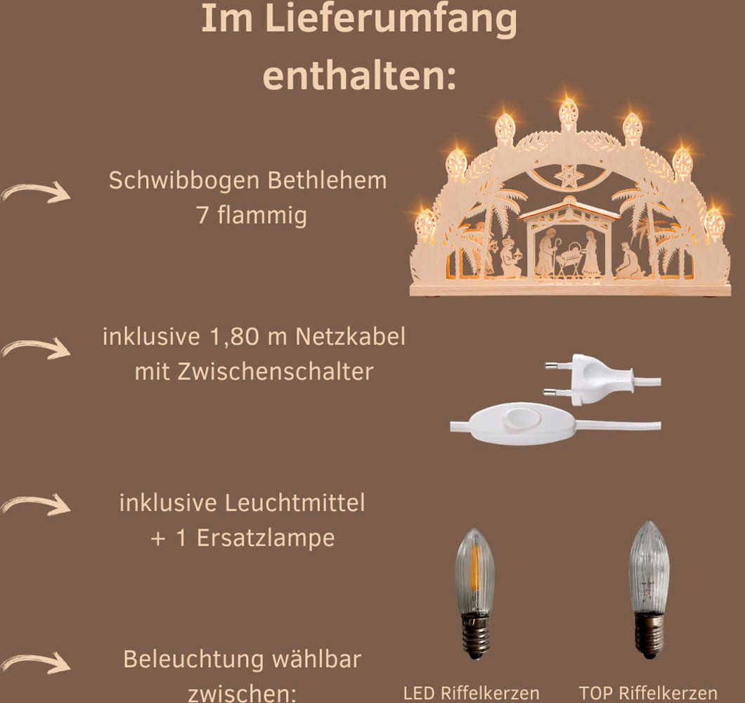 Weigla LED Schwibbogen Bethlehem, Holz Lichterbogen, NATUR, Christi Geburt, Made in Germany (1-tlg), Erzgebirge garantiert, Weihnachtsdeko Innen, Weihnachtsbeleuchtung