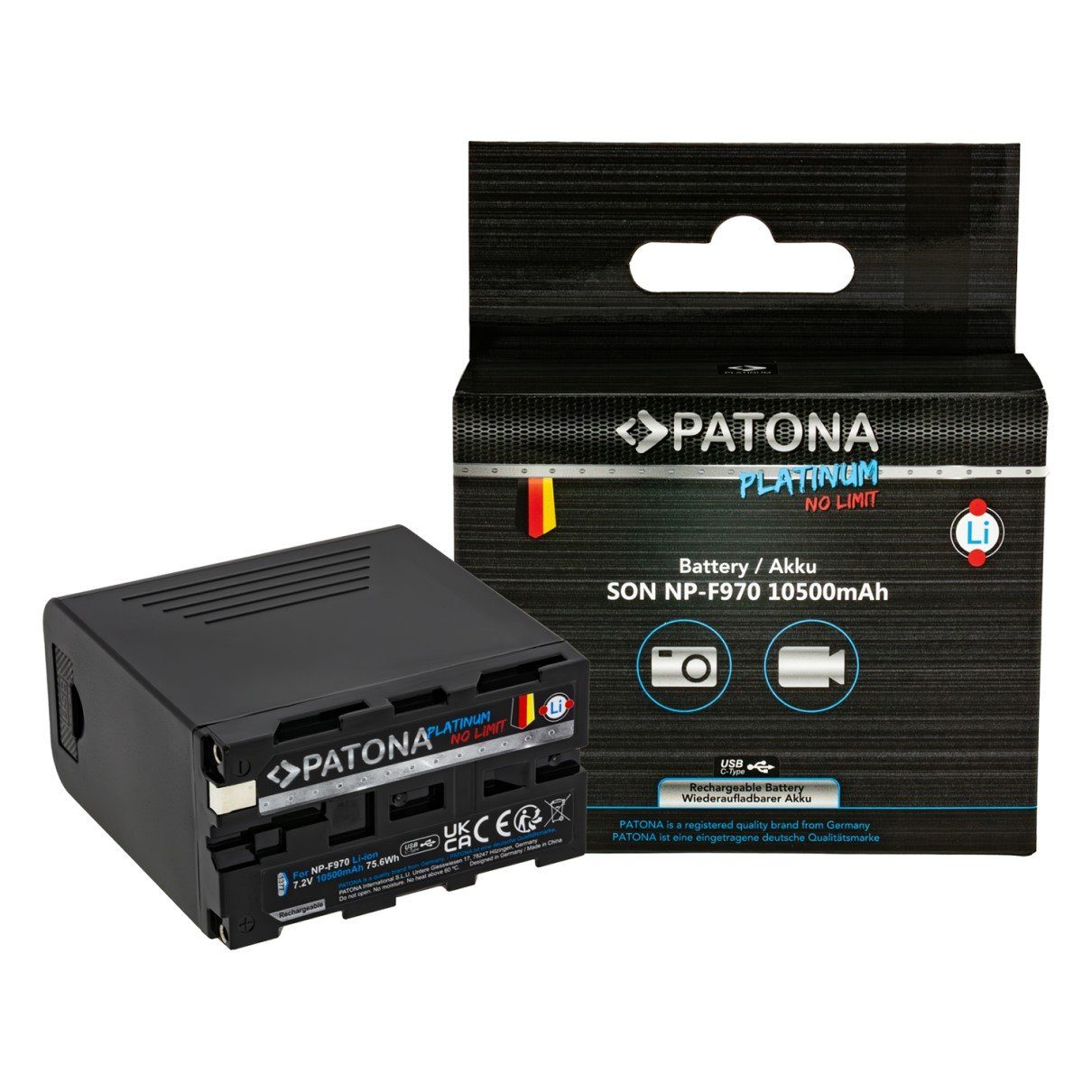 Patona Akku für Sony NP-F970 mit PD20W USB C in/out Kamera-Akku Ersatzakku Akku 10500 mAh (7,2 V, 1 St), F960 F950 PD20W USB-A 5V/2A