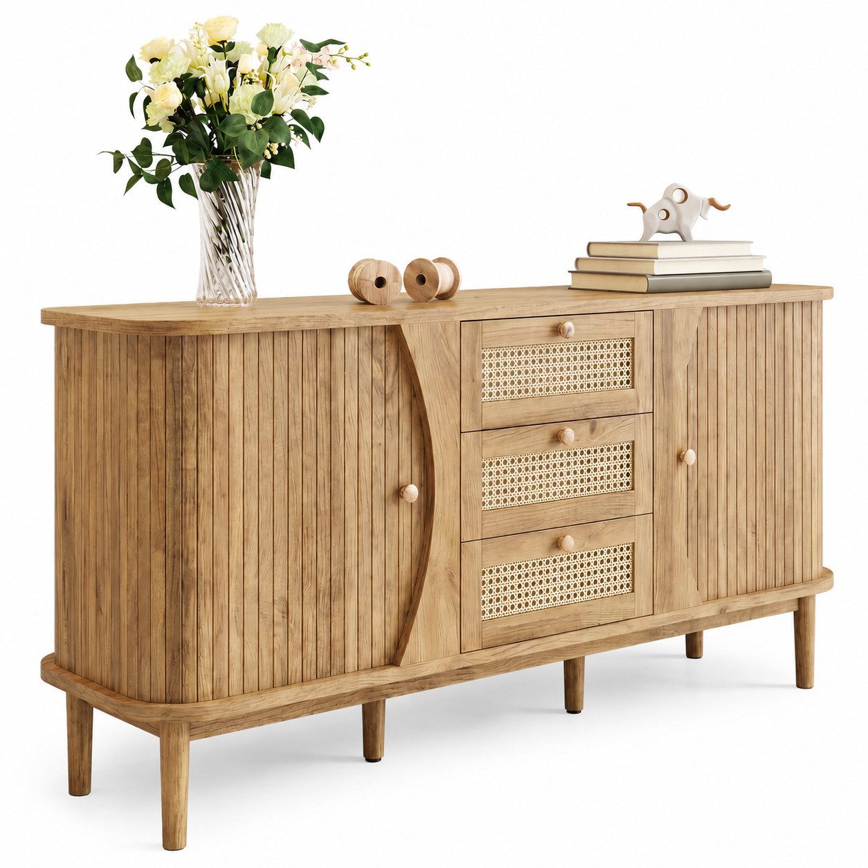 Merax Sideboard in Holzoptik mit Rattanschubladen (Anrichte Buffetschrank 140,5x40x76cm, 1 St., für Wohnzimmer, Esszimmer und Flur), Kommode mit Schiebetüren, abgerundeter Platte & großem Stauraum