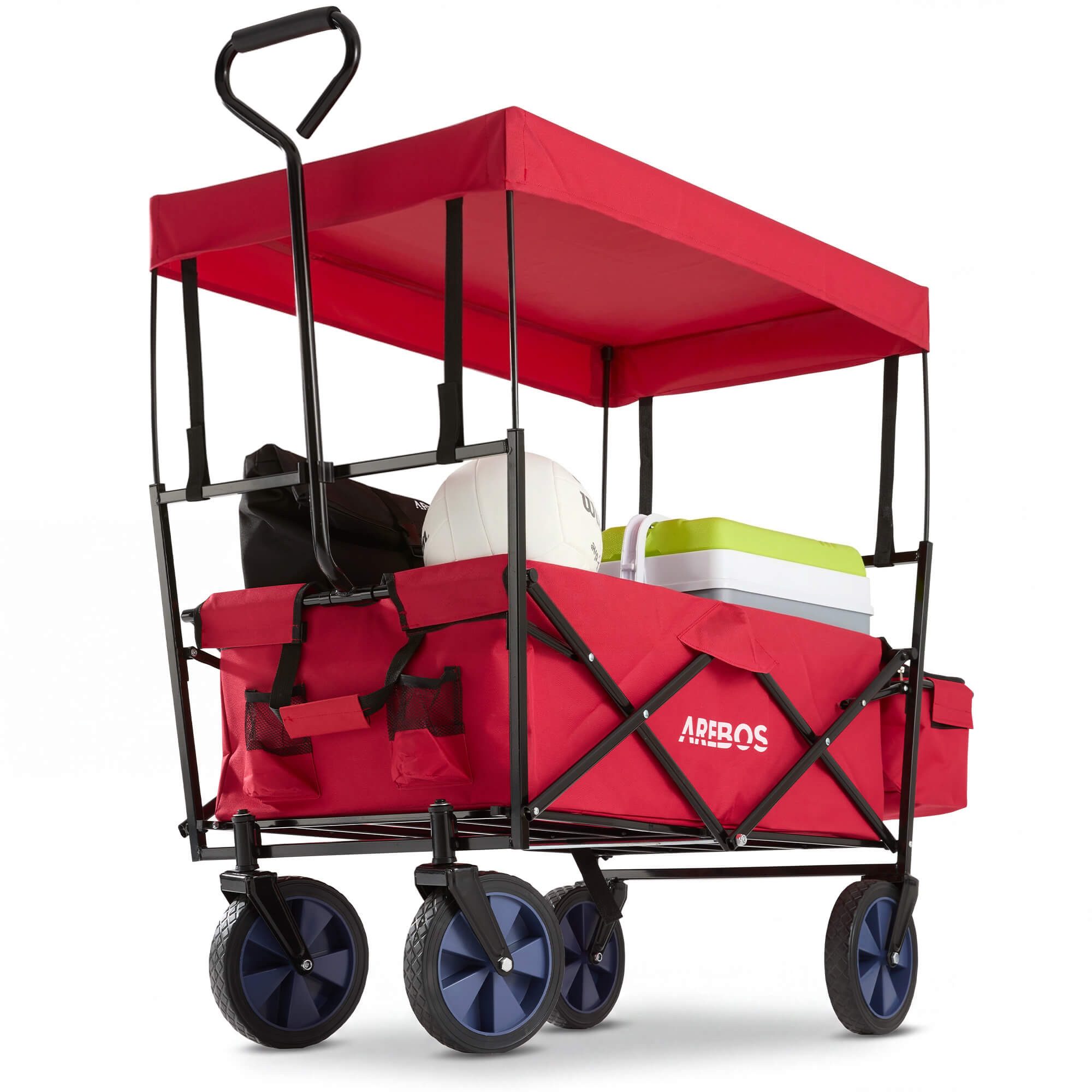 Arebos Bollerwagen ECO faltbar mit Dach, 70 kg Tragkraft für Garten, Camping & Ausflüge (Rot), Maße 117 x 55 x 125 cm