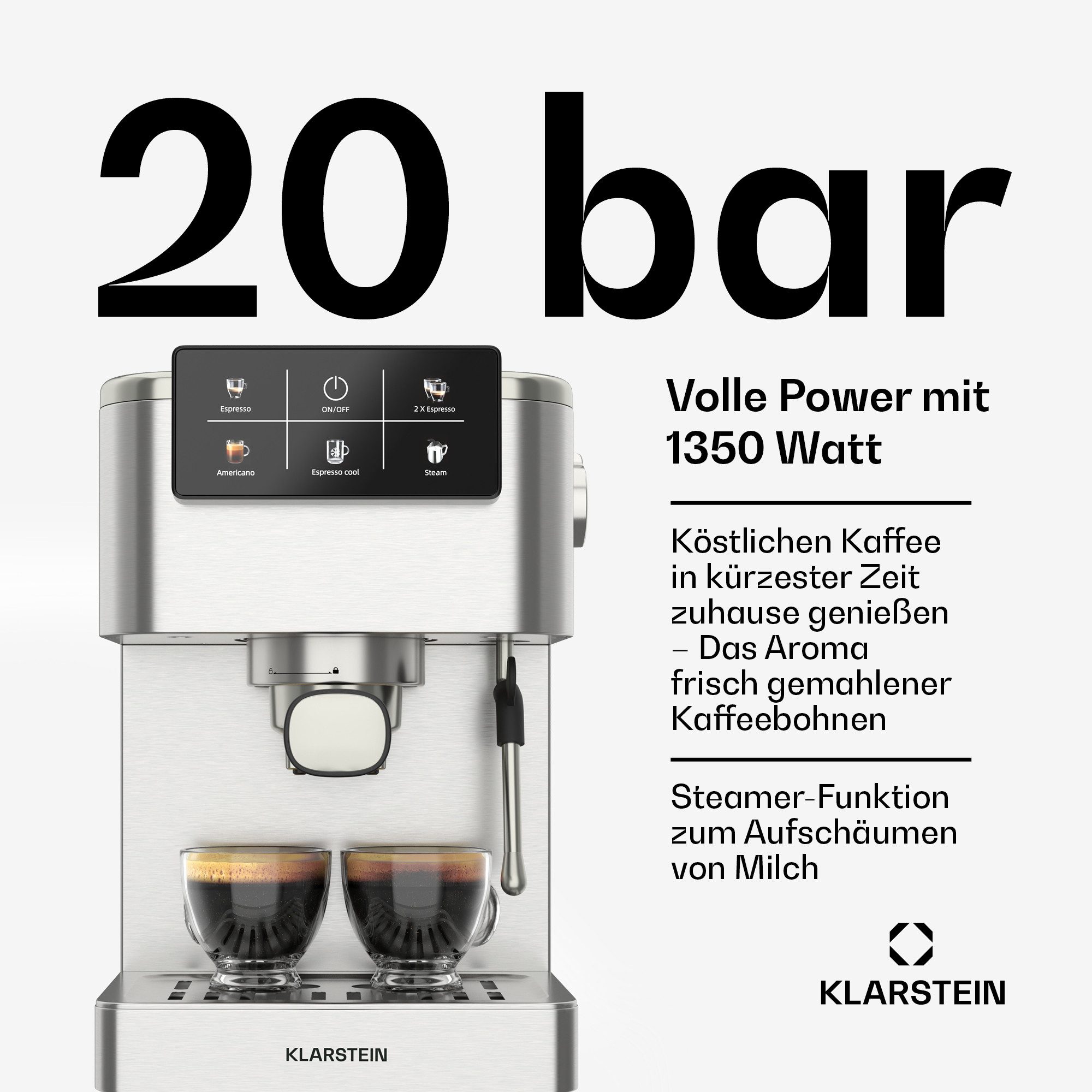 Klarstein Espressomaschine, 1.5l Kaffeekanne, Edelstahlfilter, Elektrisch 20 Bar Espressomaschine Kaffemaschine Touch