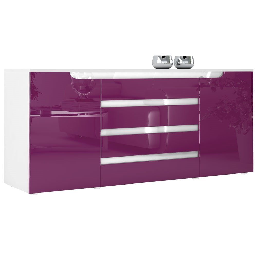 Vladon Sideboard Sintra V2 (Kommode, mit 2 Türen und 4 Schubladen), Weiß matt/Brombeer Hochglanz/Weiß Hochglanz (166 x 72 x 35)