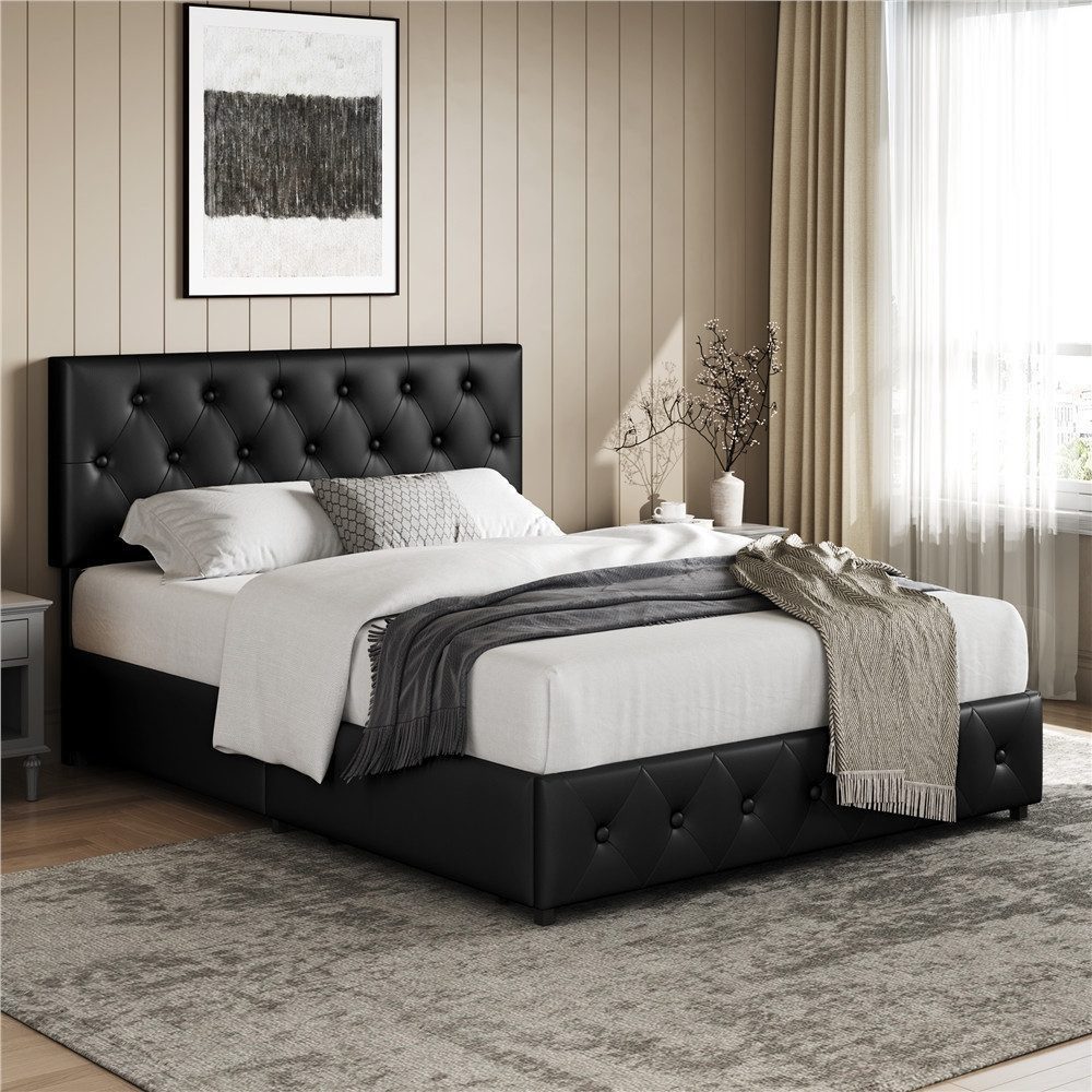 Yaheetech Polsterbett Doppelbett mit 2 Schubladen, Bettgestell 140 x 200 cm, Kopfteil hochstellbar, aus Kunstleder