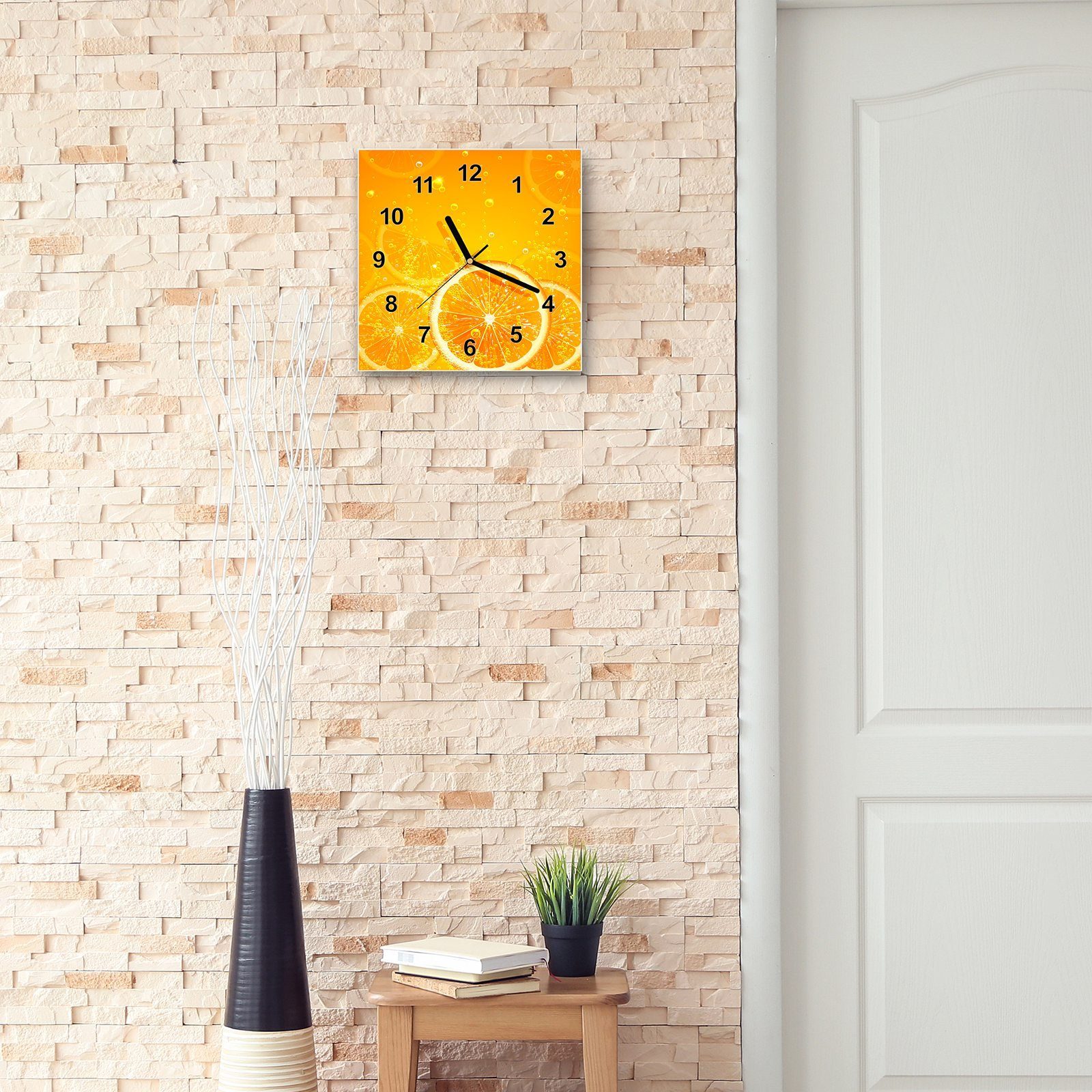 Primedeco Wanduhr Glasuhr Wandkunst 30 Wanduhr mit x 30 Motiv Scheiben cm Orangensaft Größe mit