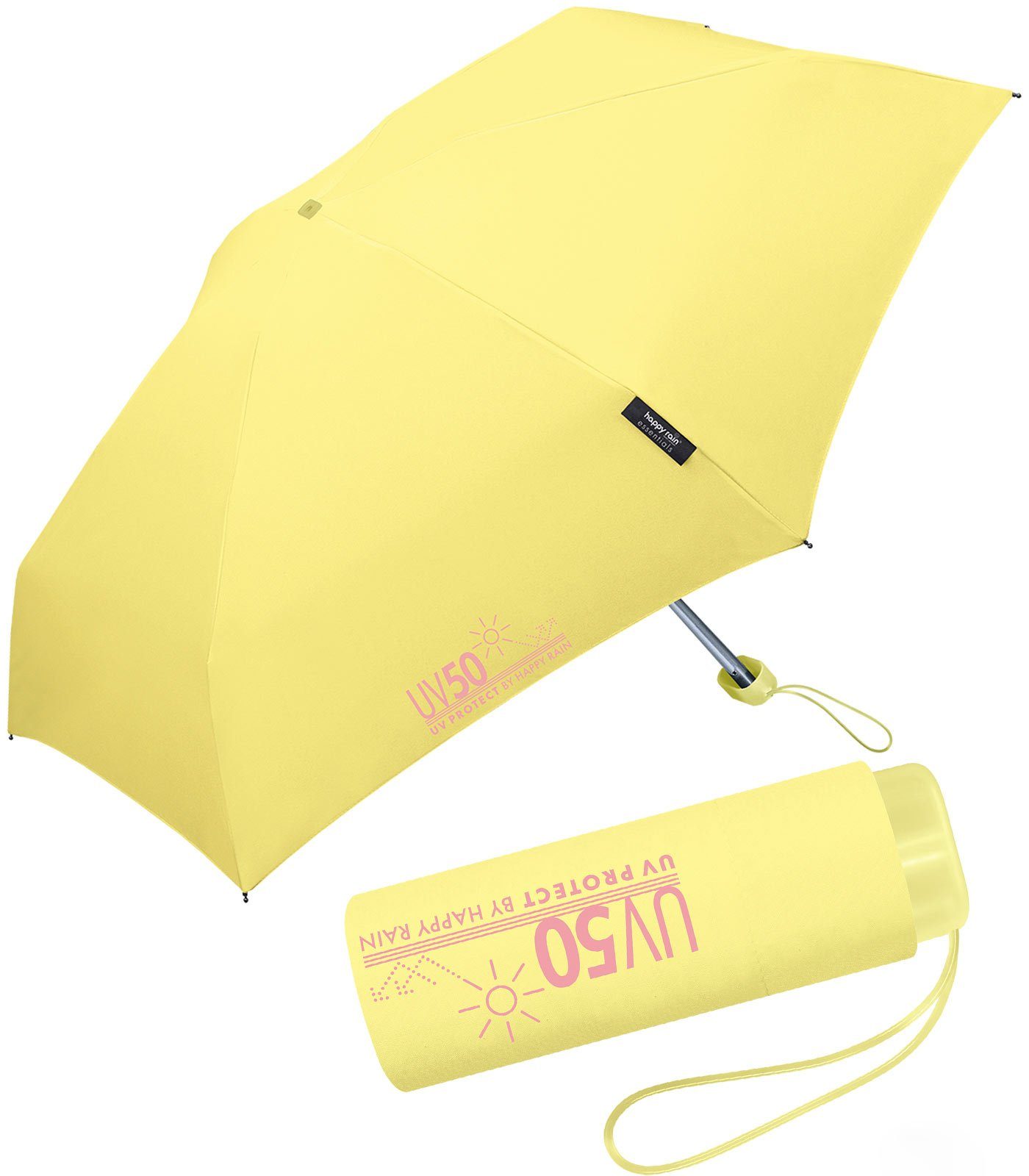 HAPPY RAIN Taschenregenschirm UV-Protect UV50 Ultra Mini Flat mit Sonnenschutz, winzig klein für unterwegs - schützt vor Sonne und Regen
