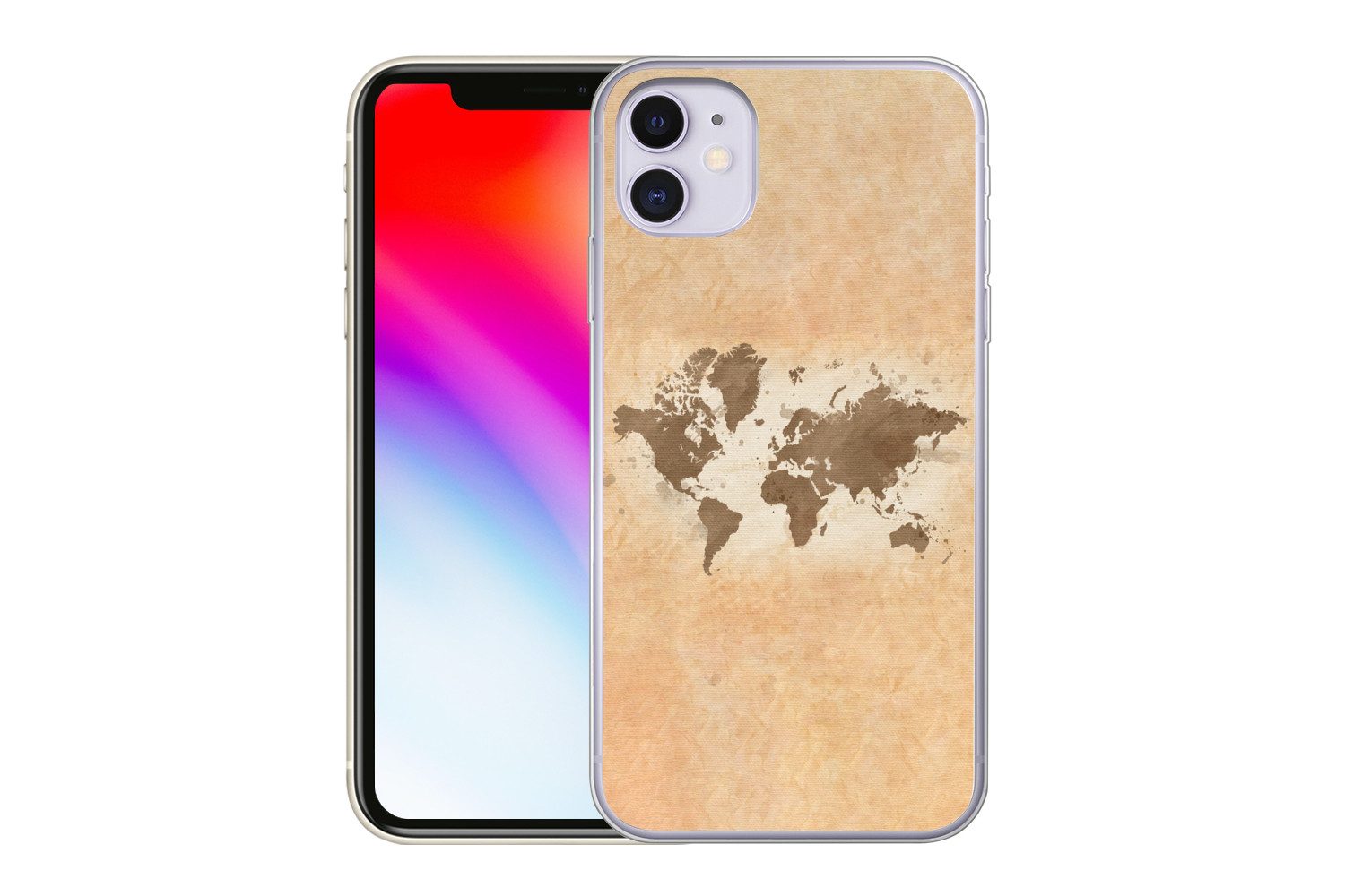 MuchoWow Handyhülle für Apple iPhone 11 Weltkarte - Beige - Braun, Smartphone-Bumper, Print, Handy Schutzhülle Dünn