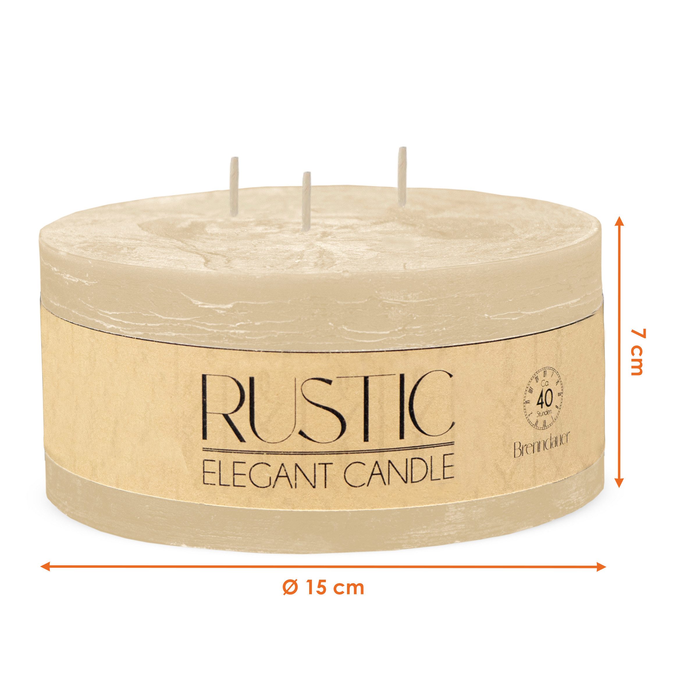 Spetebo Rustic-Kerze XL 3-Docht Kerze rund unparfümiert (Große Stumpen Kerze, 1-tlg., für gleichmäßiges Abbrennen), Geruchslos