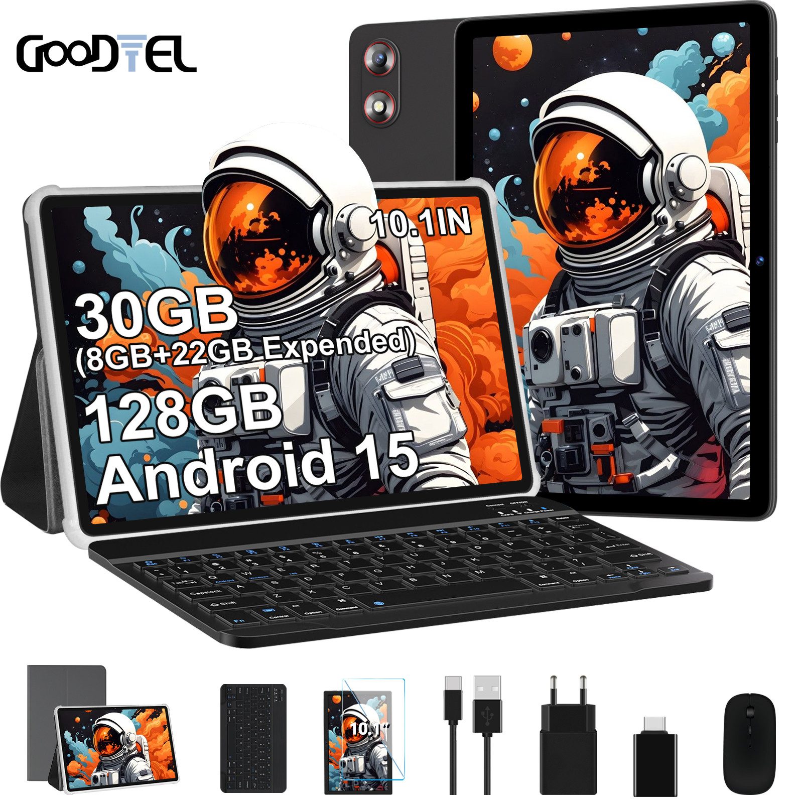 GOODTEL Tablet Android 15, WiFi, 30GB RAM 128GB Speicher/erweiterbar auf 1TB Tablet (10,1", 128 GB, Android 15, 8000 mAh, Widevine L1, Gemini AI, mit Zubehör Tastatur, Maus)