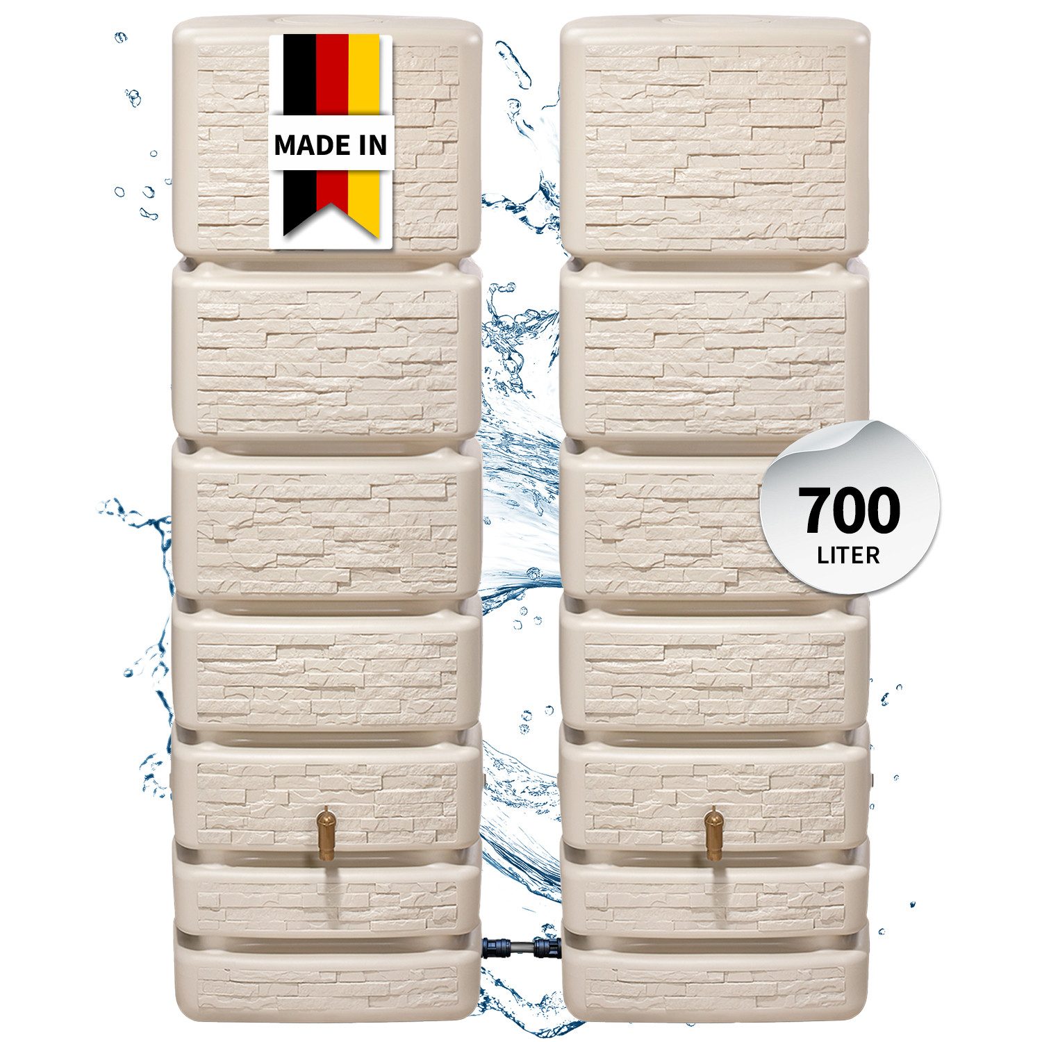 4rain Regentonne SLIM STONE DECOR Wandtank-SET 700 L, sandbeige