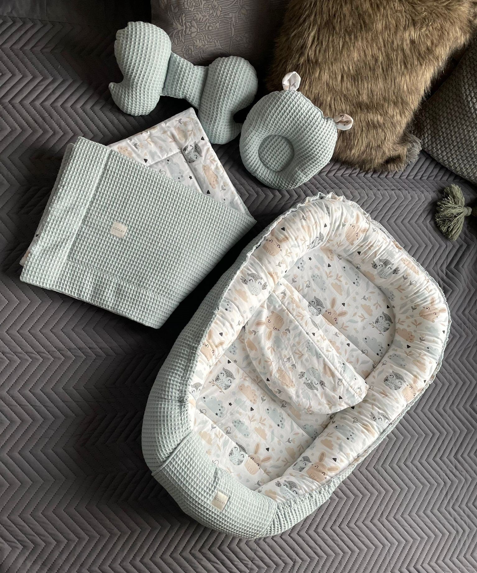 Loolay Bettnestchen Minze WAFFELPIQUE/ HASE Beige Weiß Babynest Babyausstat günstig online kaufen