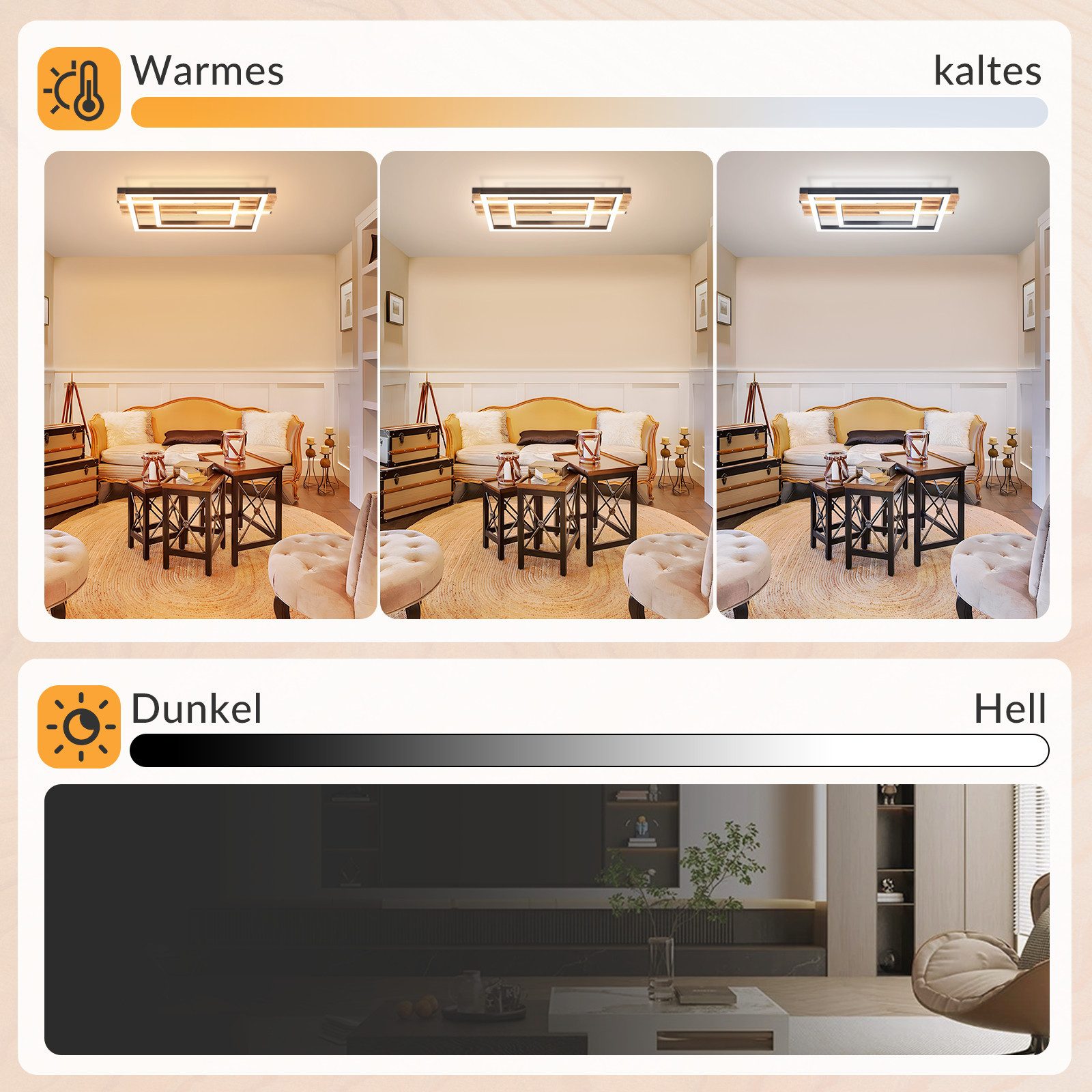 ZMH LED Deckenleuchte Dimmbar Holz Deckenlampe: 2/3-Ringen Wohnzimmerlampe, LED fest integriert, 3000-6500K, Schwarz Deckenbeleuchtung mit Fernbedienung Design