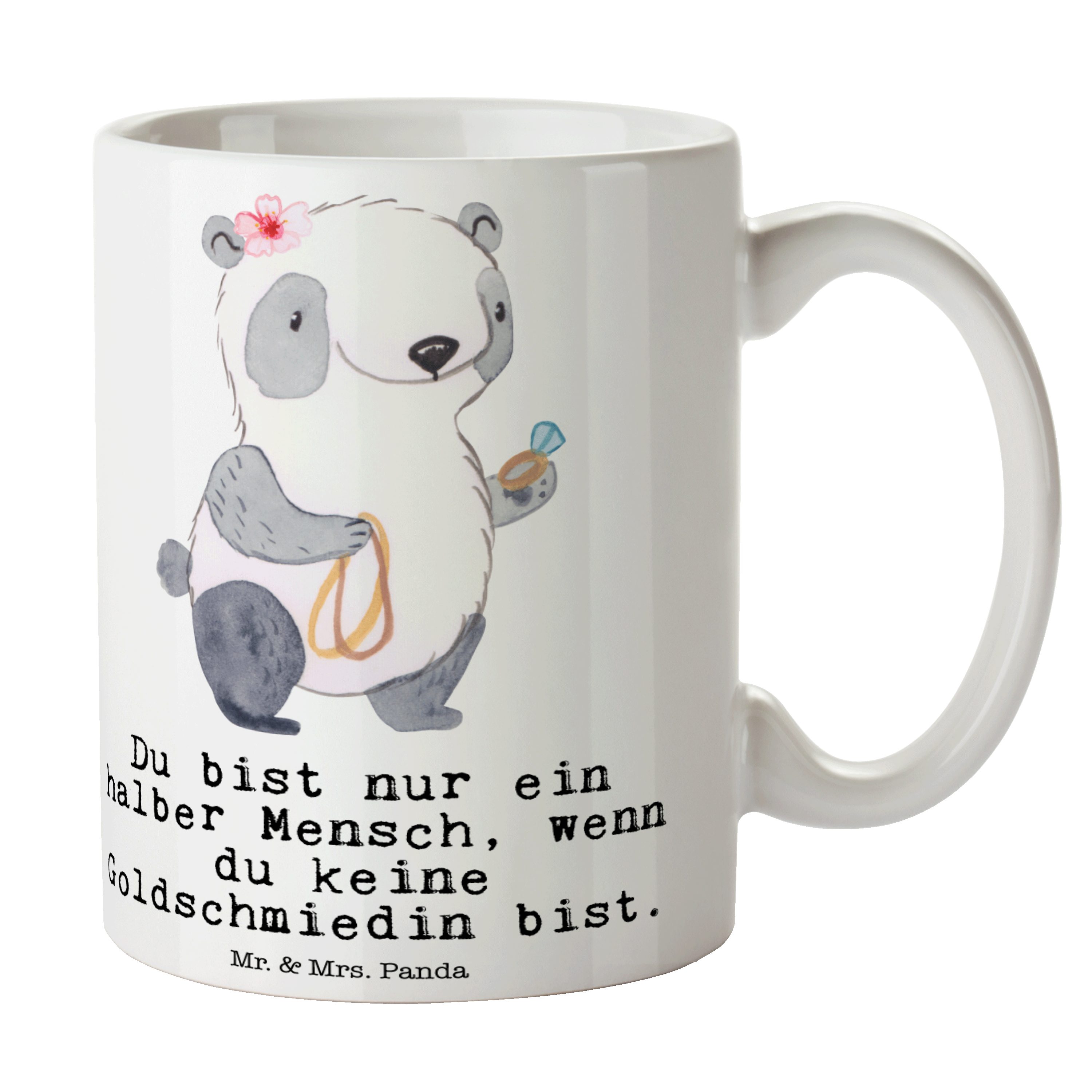 Mr. & Mrs. Panda Tasse Goldschmiedin mit Herz - Weiß - Geschenk, Abschied, Schmuckgeschäft, Keramik