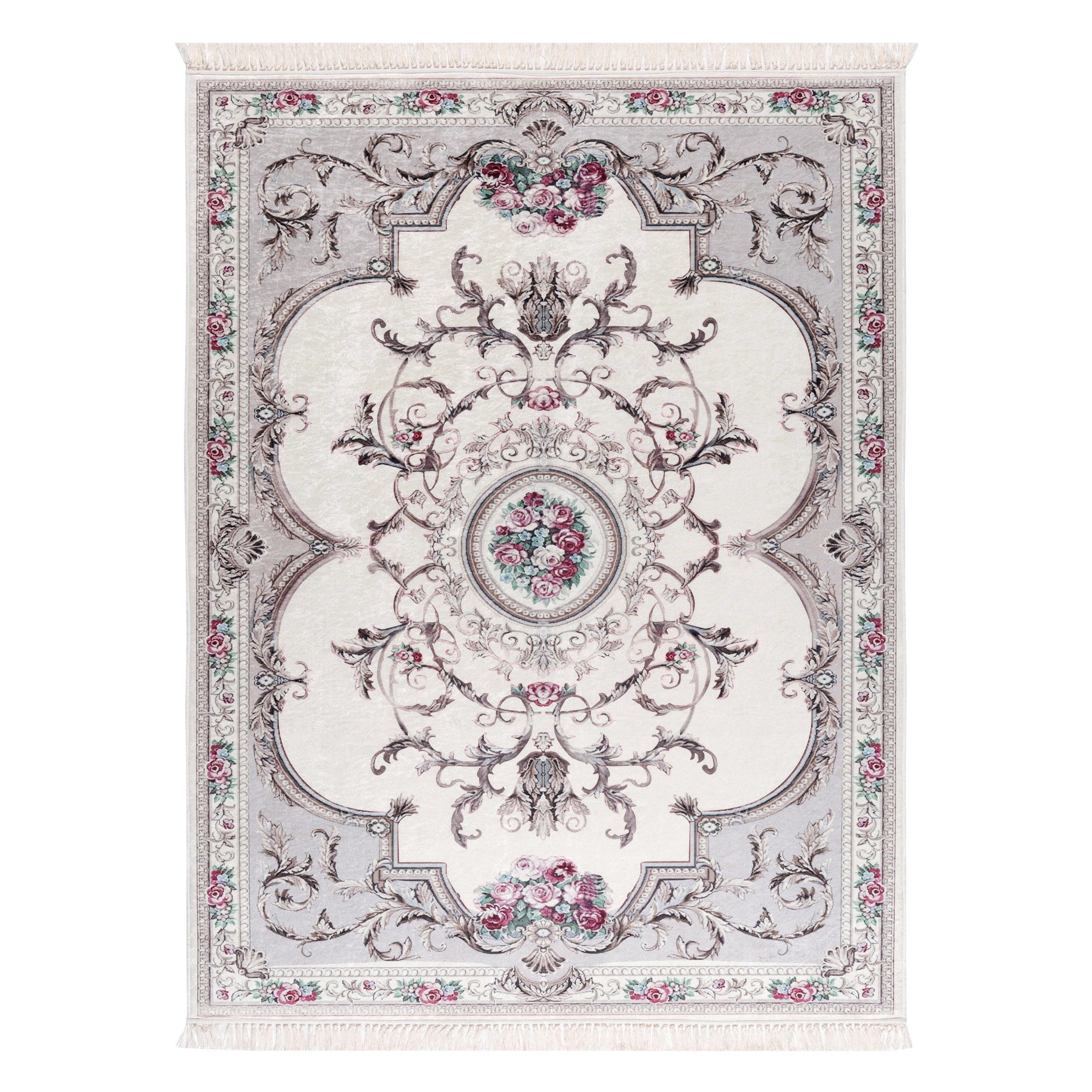 Sehrazat, klassisch, classic Fransen, sehr Rechteckig, mit schön Teppich glänzende Medaillon, mit beige mm, floral, Höhe: Design, 3 mit Oberfläche, Teppich Bordüre,