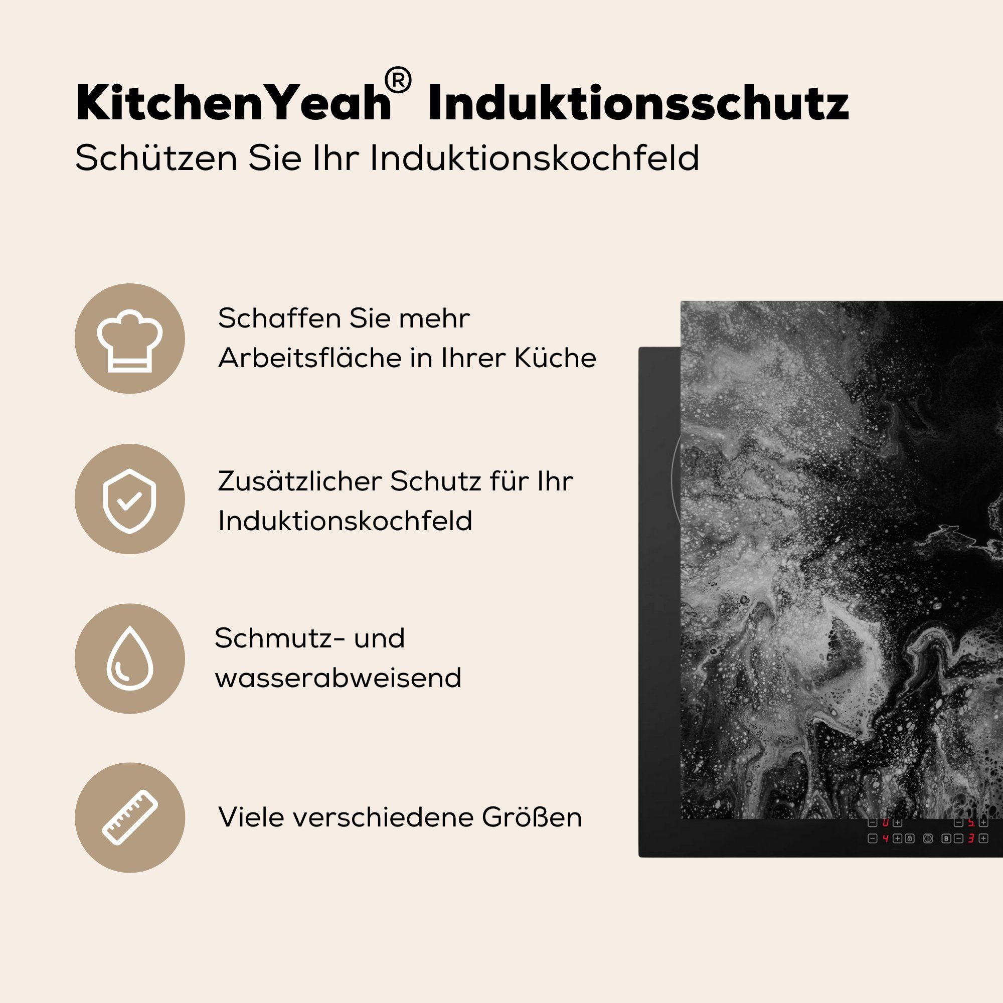 Induktionskochfeld Stein - tlg), cm, (1 Herdblende-/Abdeckplatte Granit MuchoWow küche, - Weiß, Schutz Vinyl, 81x52 die für - Schwarz Ceranfeldabdeckung