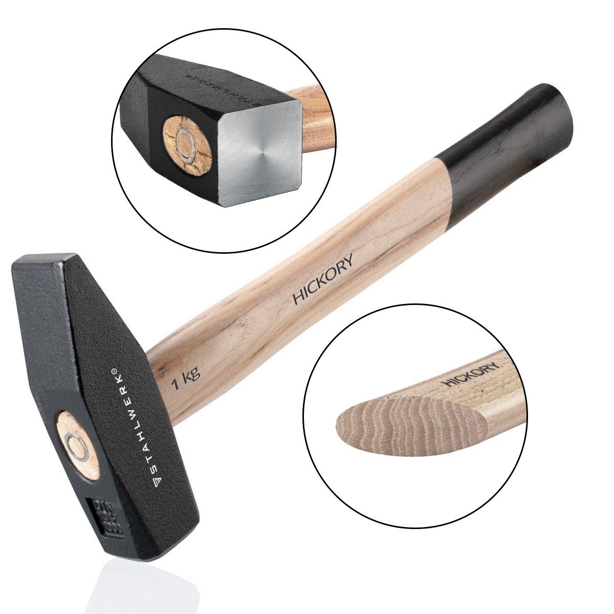 STAHLWERK Hammer Hammer Schlosserhammer 1000 g hochwertig gefertigt (Set, 1-St., Einzelgerät), vibrationsdämpfender Griff aus Hickory-Holz