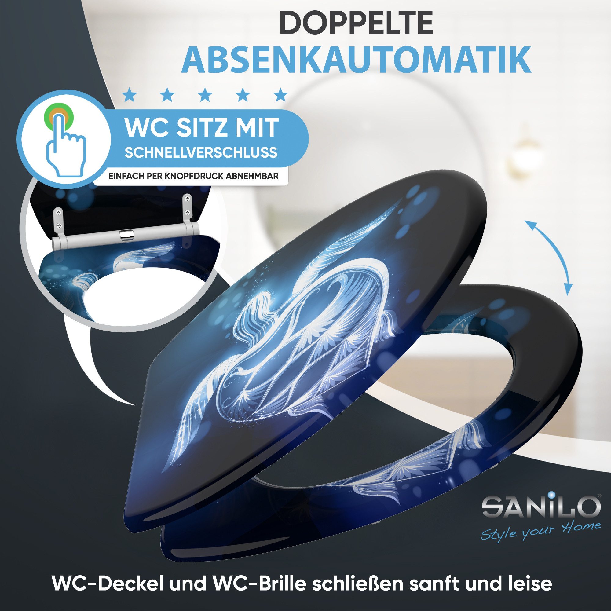 Sanilo WC-Sitz Glow Turtle mit Absenkautomatik & Quick Release, hochwertig, abnehmbar, leichte Montage von oben, mit Schraubenzieher