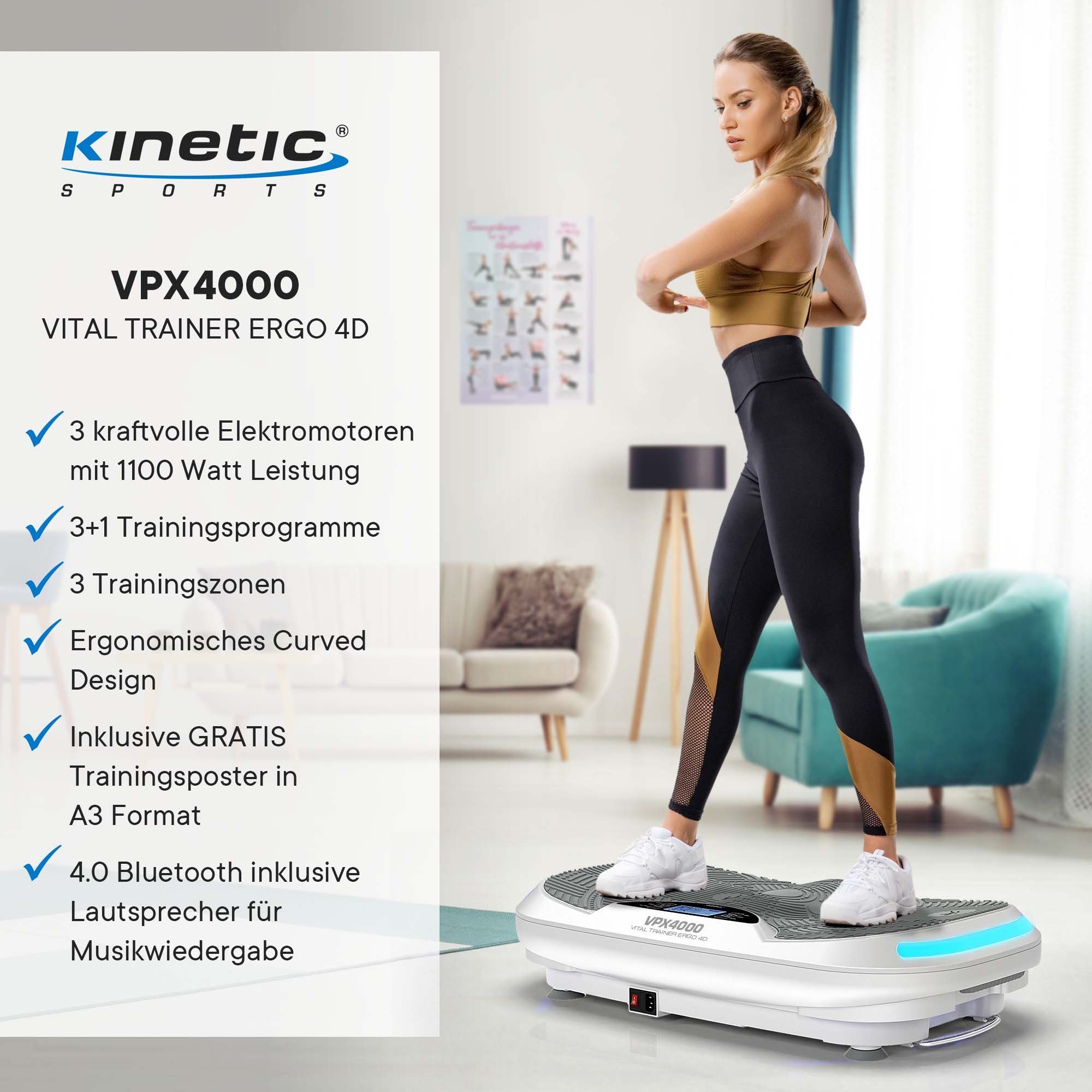 Kinetic Sports Vibrationsplatte VPX4000, 1100,00 3D mit 1100 Intensitätsstufen, Motoren mit Intensitätsstufen, 3 288 und Trainingsbänder WEISS W, Vibrationstyp, 288 Leistung (Vibrationsplatte Watt Übungsposter)