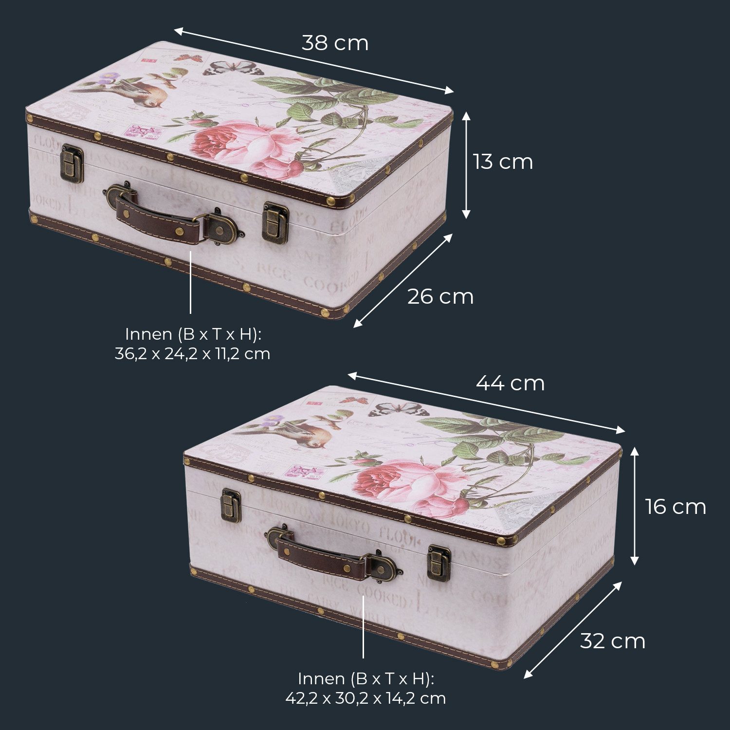 HMF Aufbewahrungsbox Vintage Koffer Holz, Aufbewahrungsbox mit Deckel und Ledergriff als (2er Set), Geschenkidee für Hochzeit oder Geburtstag, Rose, 38 + 44 cm – Bild 5 von 5
