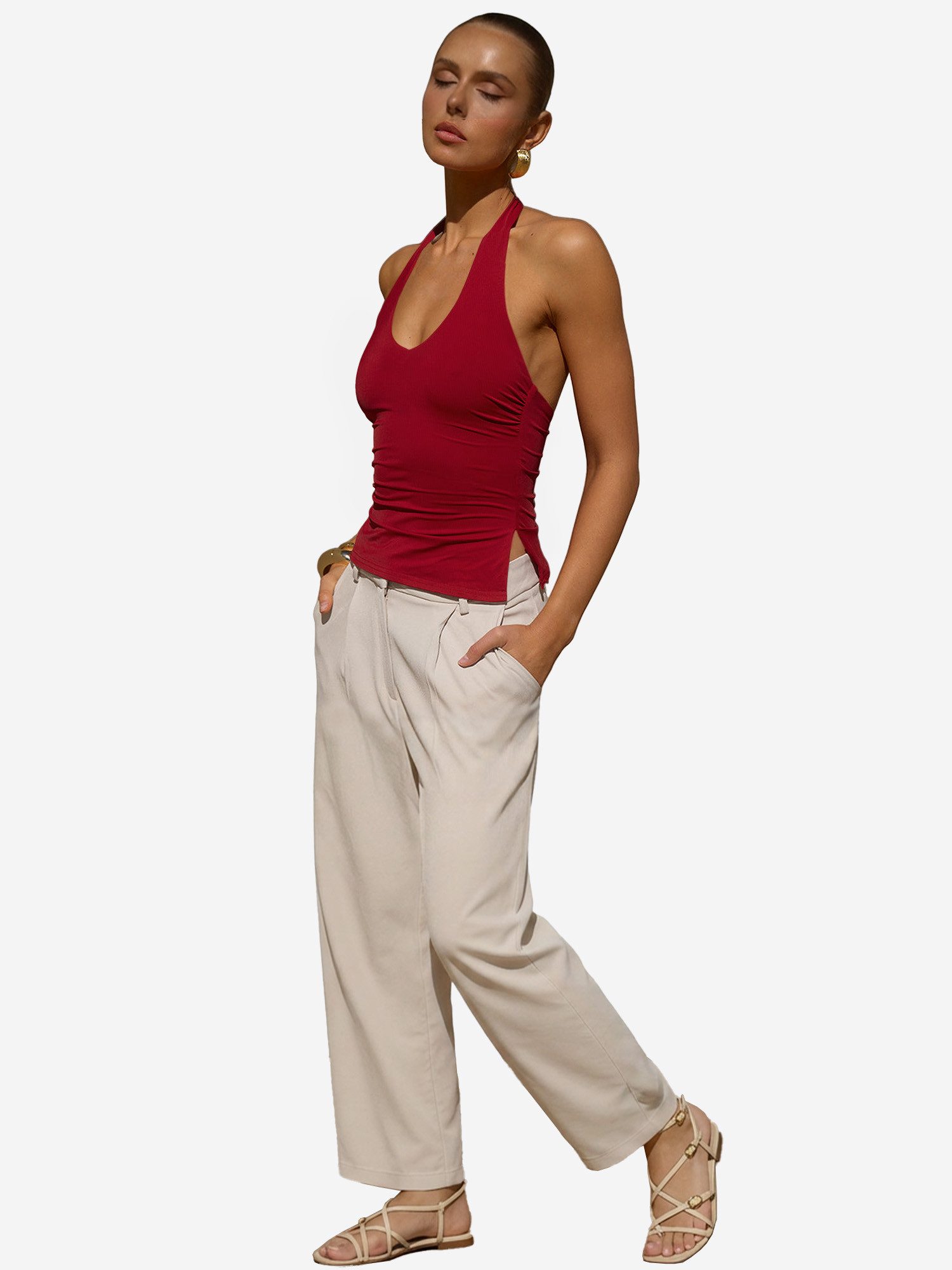 Imily Bela Tanktop Damen Halterneck Top mit freiem Rücken (Packung, 1-tlg., 1per-Pack) Seitenschlitze