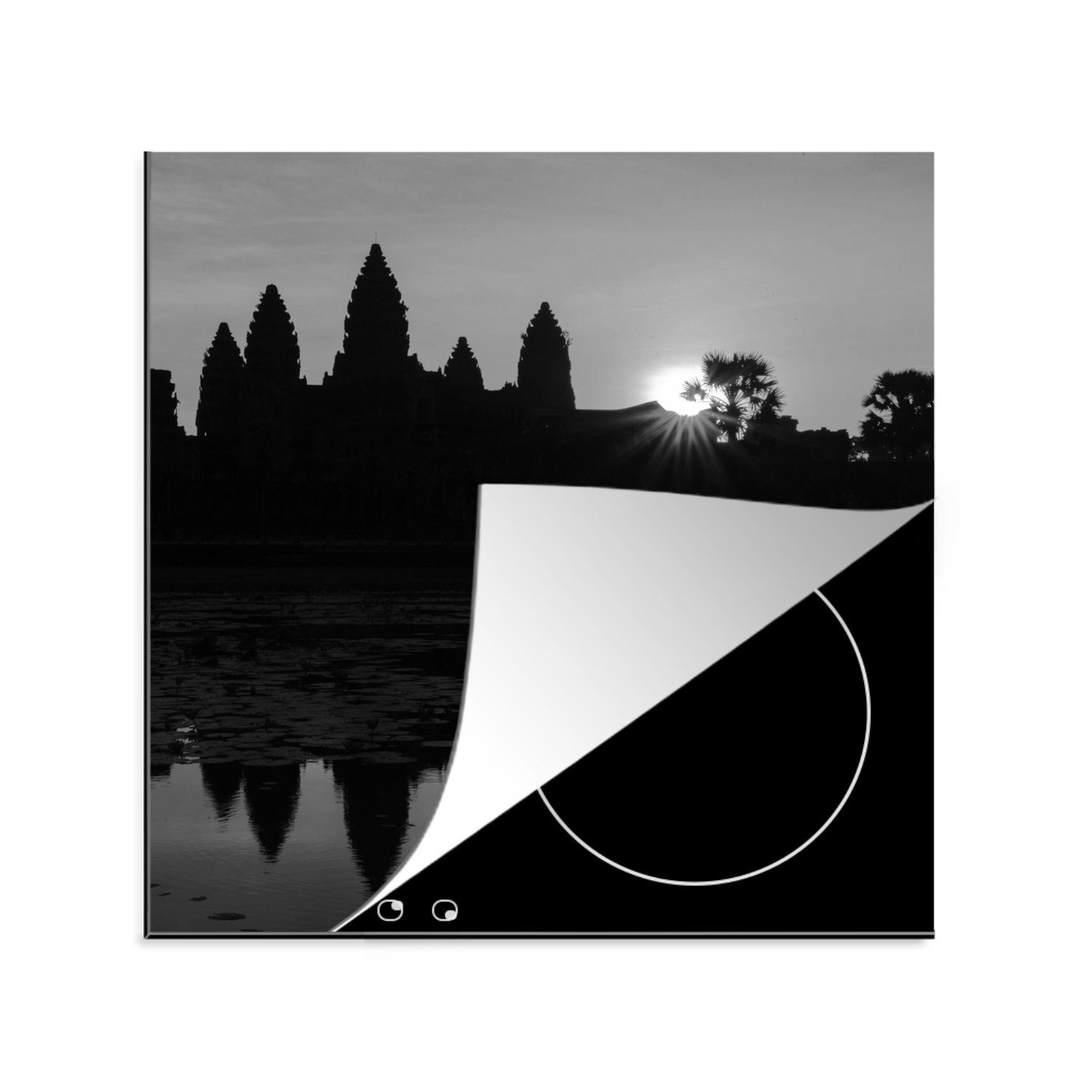 MuchoWow Herdblende-/Abdeckplatte Sihouette von Angkor Wat in schwarz-weiß, Vinyl, (1 tlg), 78x78 cm, Ceranfeldabdeckung, Arbeitsplatte für küche