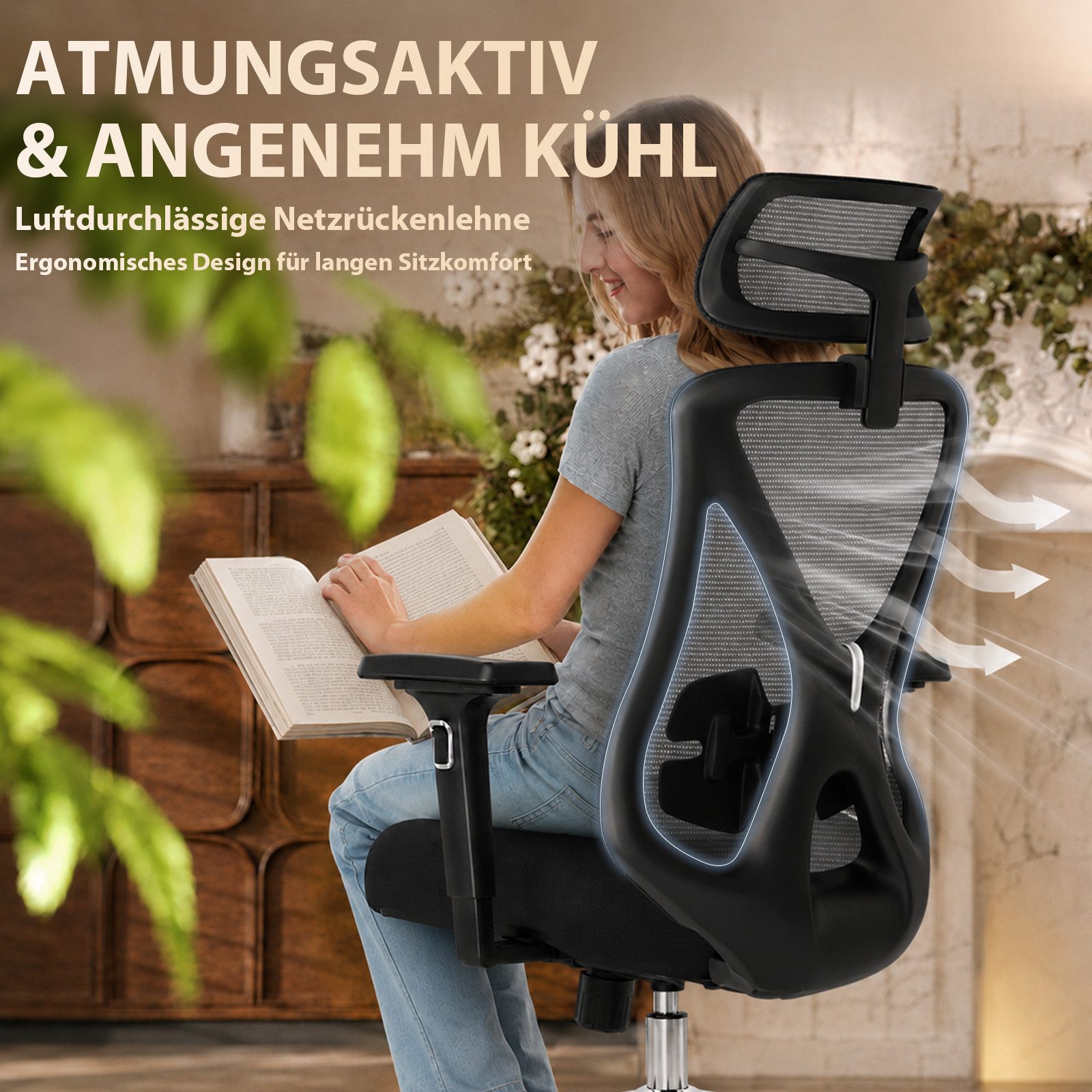 Hoolamyie Bürostuhl, Ergonomischer Schreibtischstuhl 200 kg, individuell anpassbar (Drehstuhl mit 4D-Lordosenstütze, 3D-Armlehnen, extra großer, verstellbarer Kopfstütze, Sitztiefenverstellung, atmungsaktiver Mesh-Rückenlehne, hochelastischem und druckentlastendem Sitzpolster sowie 3-fach arretierbarer Rückenlehne bei 90°, 115° und 135), Ergonomischer Bürostuhl und Netzstuhl für Homeoffice & Büro