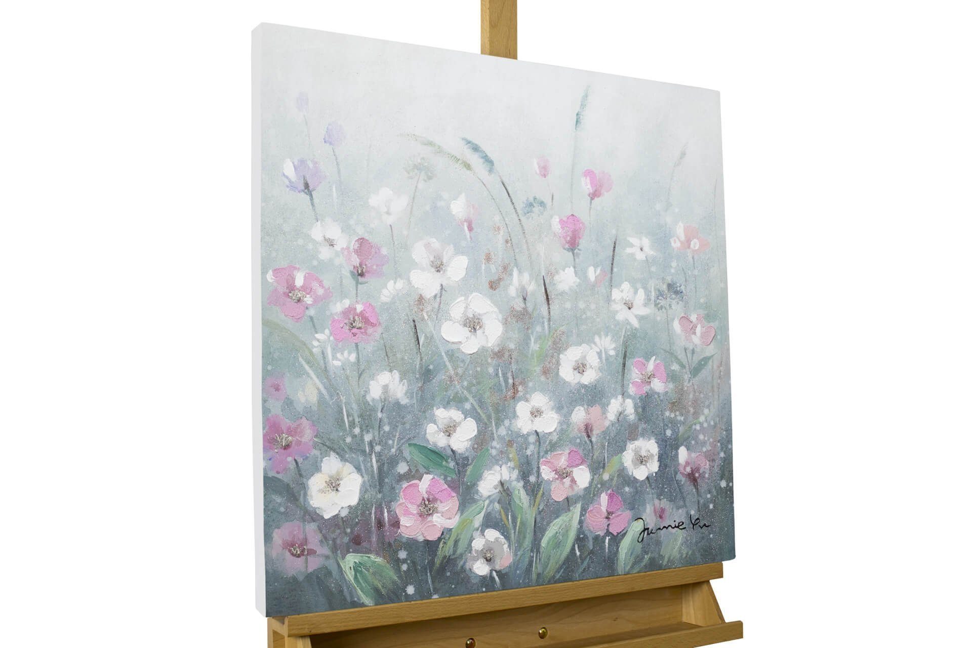 Wohnzimmer Wandbild 100% KUNSTLOFT HANDGEMALT Flowery 60x60 Meadow Gemälde Leinwandbild cm,