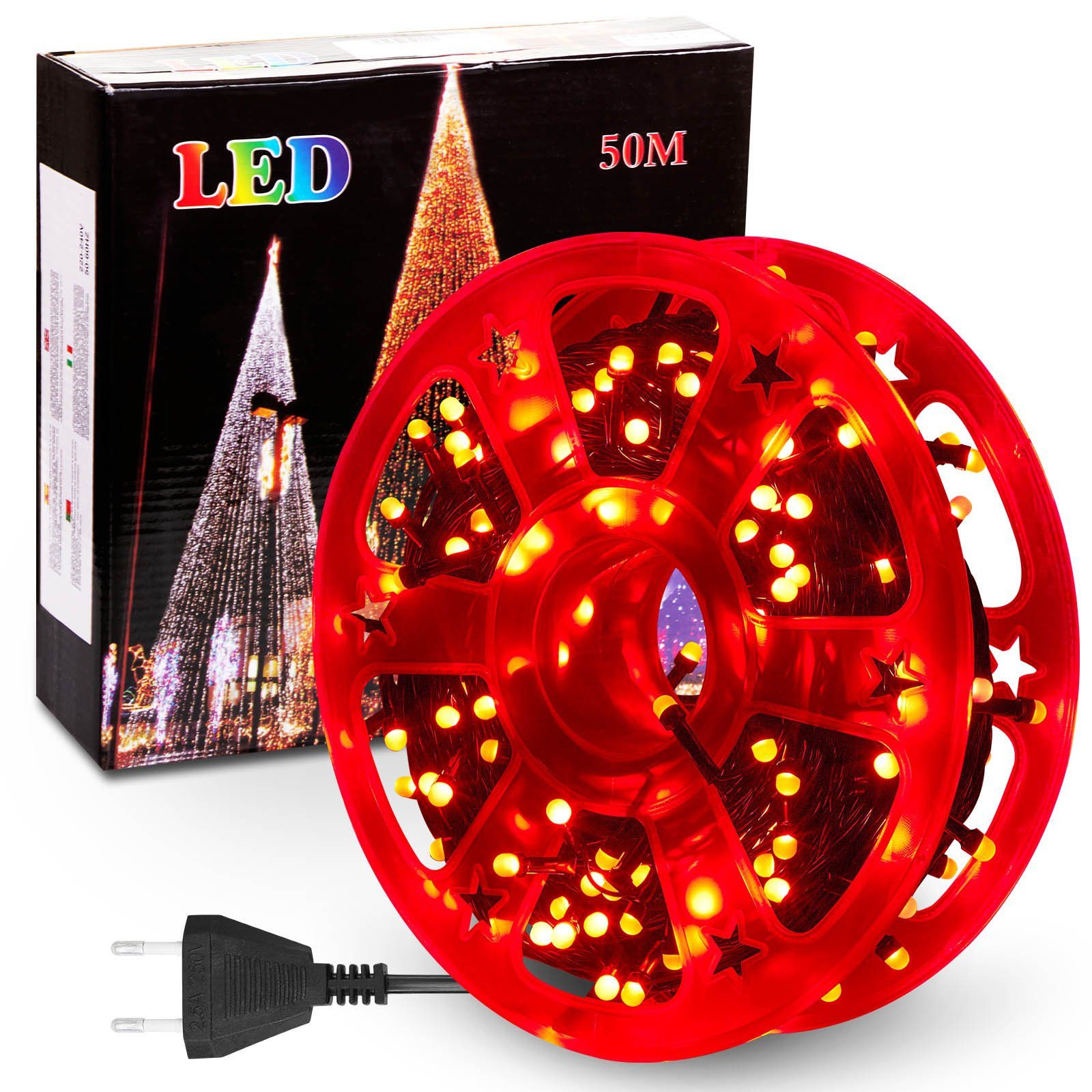 Rosnek LED-Lichterkette 50M, 240LEDs, 8 Rot Kabel, für Weihnachtsbaum schwarzes Deko, Modi, wasserdicht, Spulenverpackung Garten Speicherfunktion