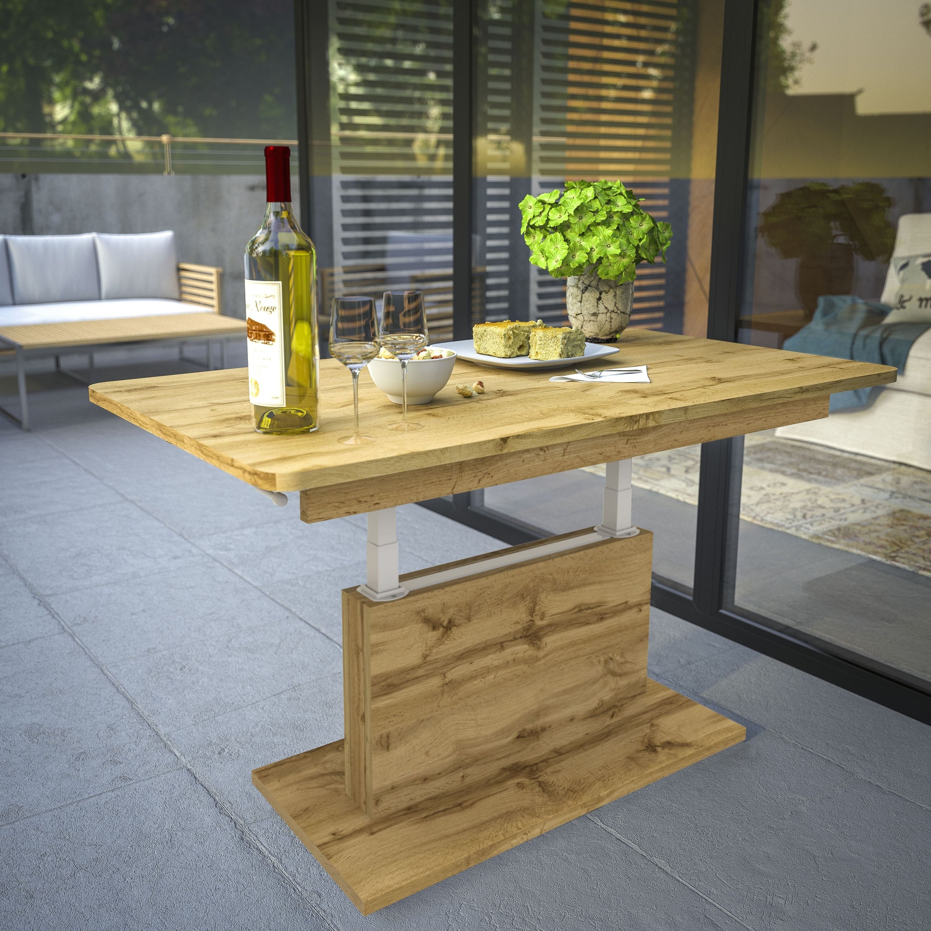 designimpex Couchtisch DC-1 Tisch Eiche Wotan höhenverstellbar ausziehbar, Funktionstisch, Wohnzimmertisch, Tisch, Esstisch, Sofatisch